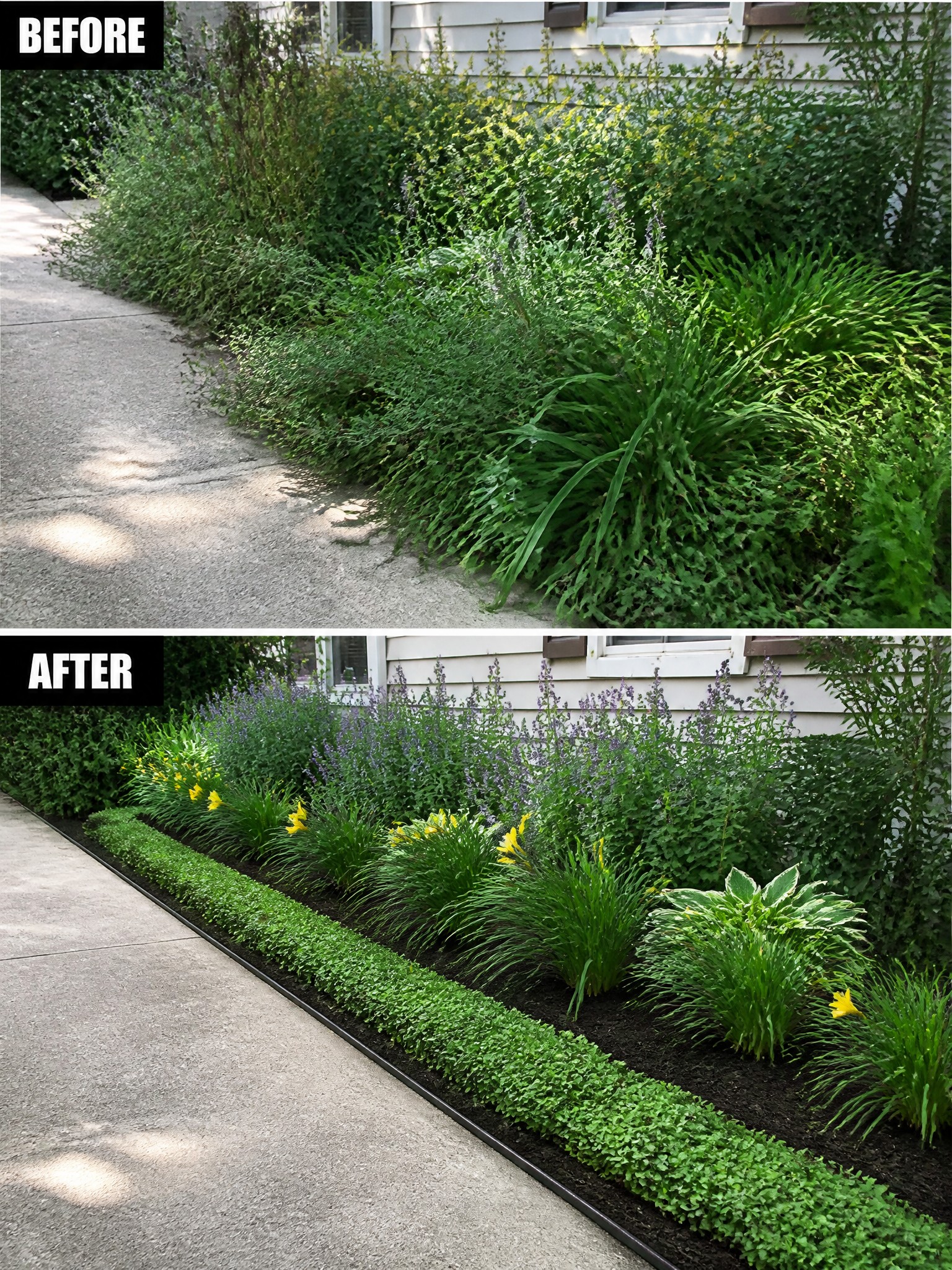 Before and after of overgrown garden bed transformed into neat mulched flower border.