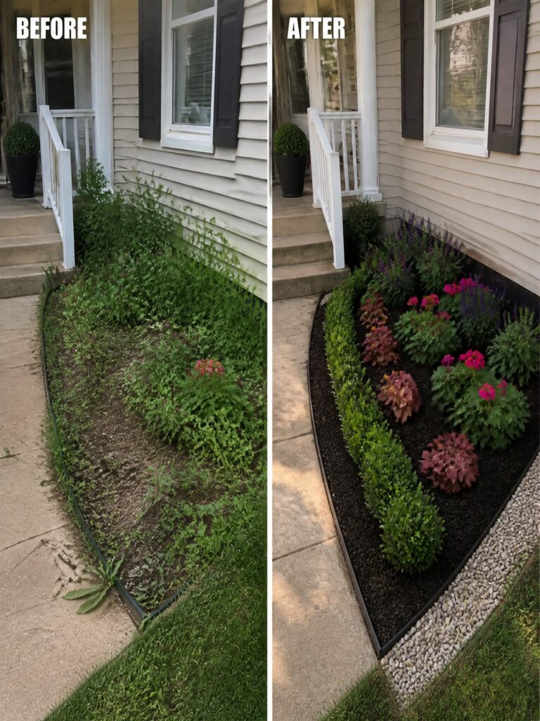 24 Gorgeous Flower Bed Makeover Ideas for A Cleaner Yard Before-and-after image of an overgrown foundation flower bed changed into a neatly edged garden with structured rows of shrubs and flowers.