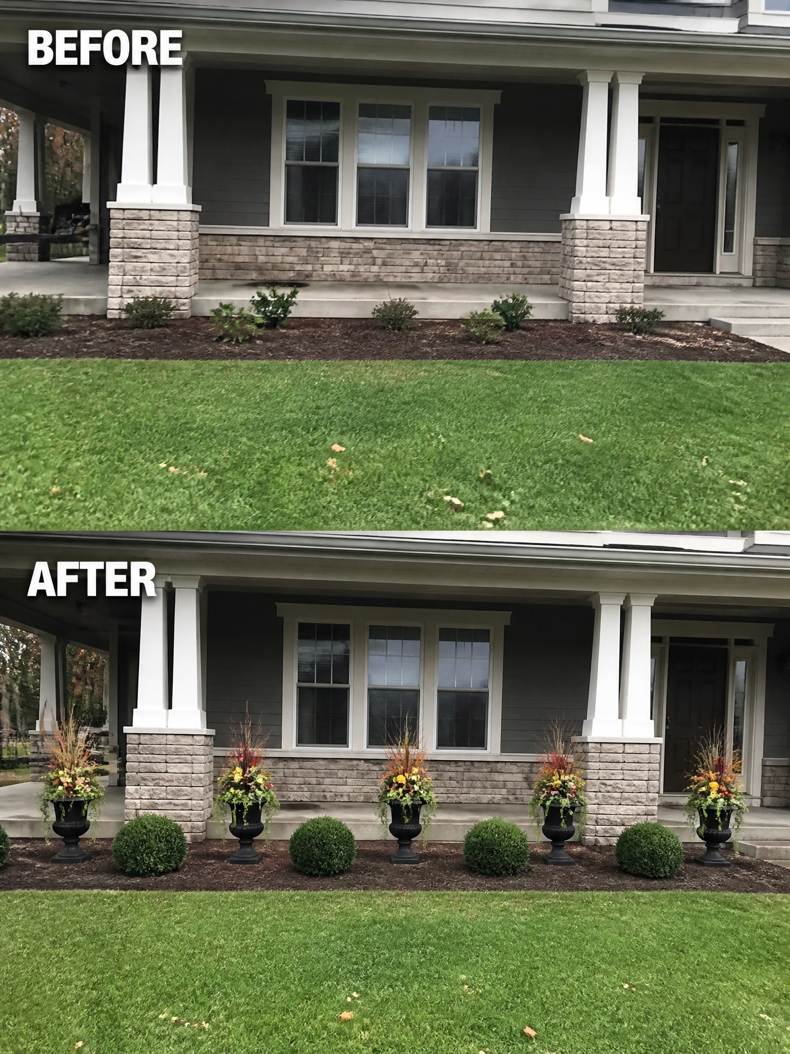 Before and after porch with added urn planters, fall flowers, and round shrubs