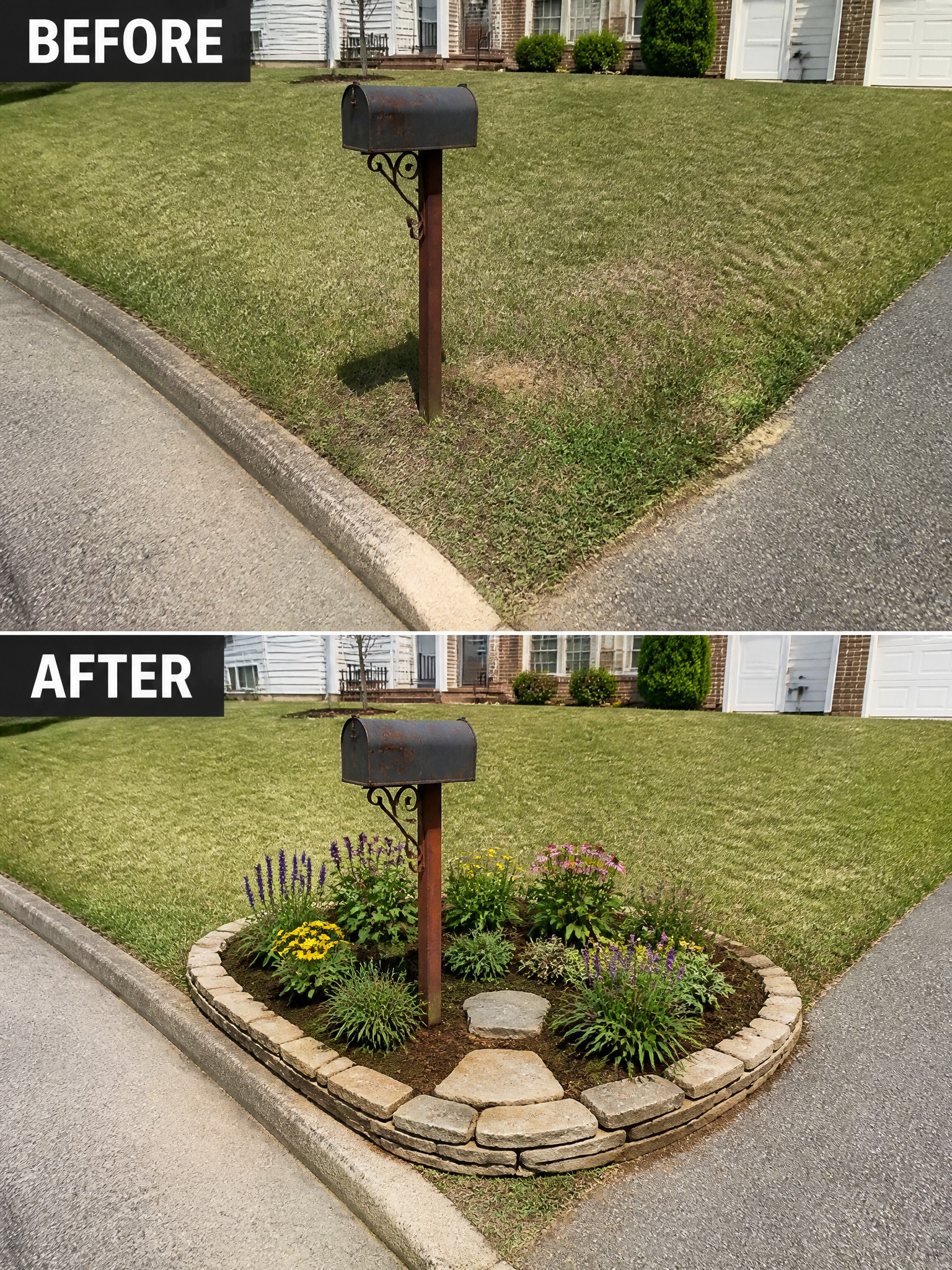 Before-and-after image of a mailbox on a lawn changed into a stone-edged circular garden bed with flowering plants and stepping stones.