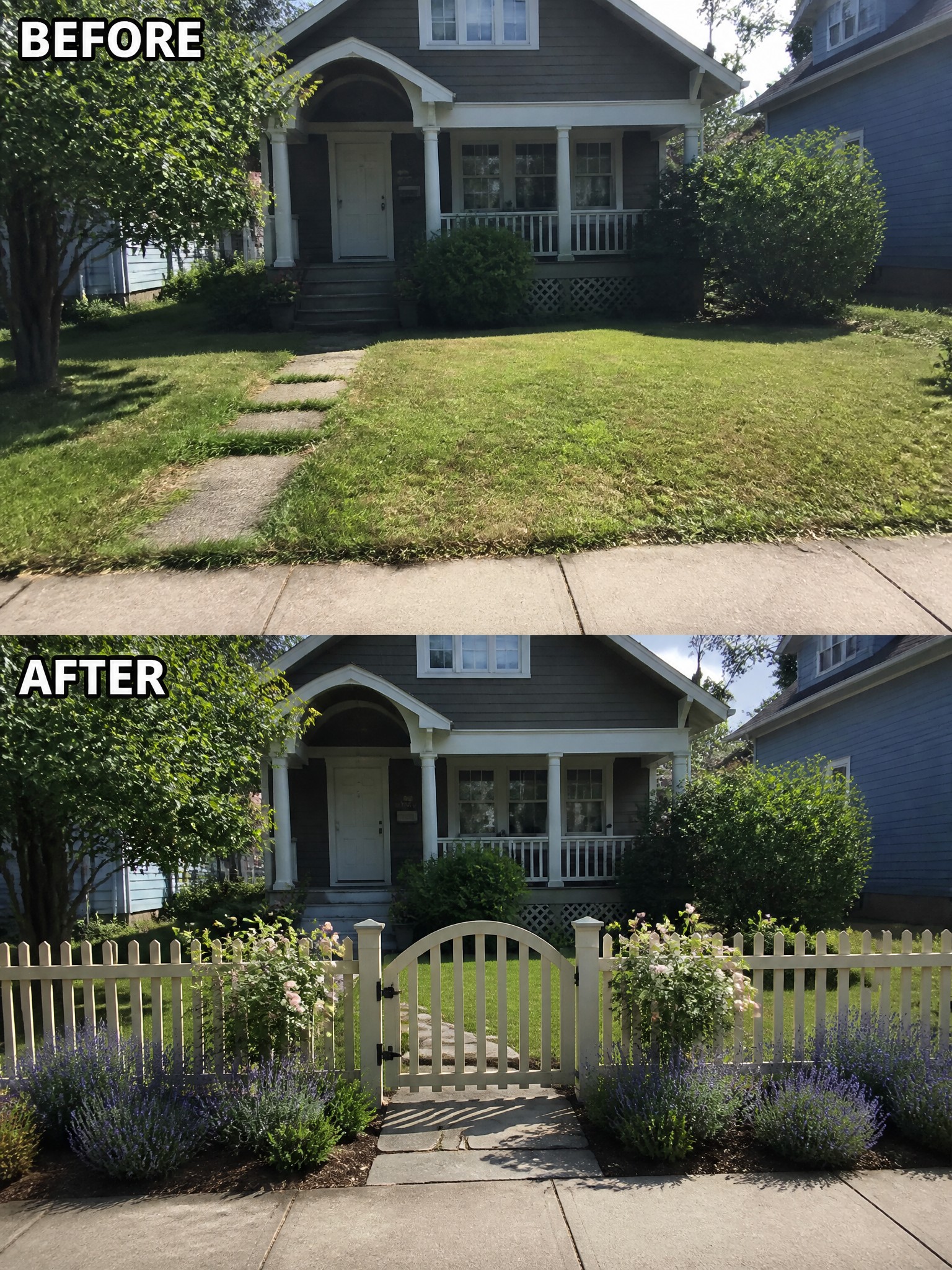 Before and after of house yard with new white picket fence and flowers.