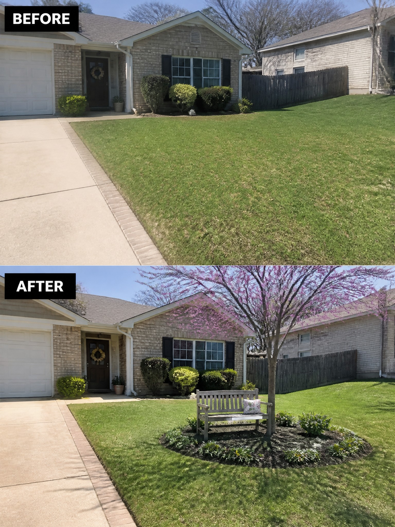 Before and after of front yard with added blooming tree, bench, and flower bed.