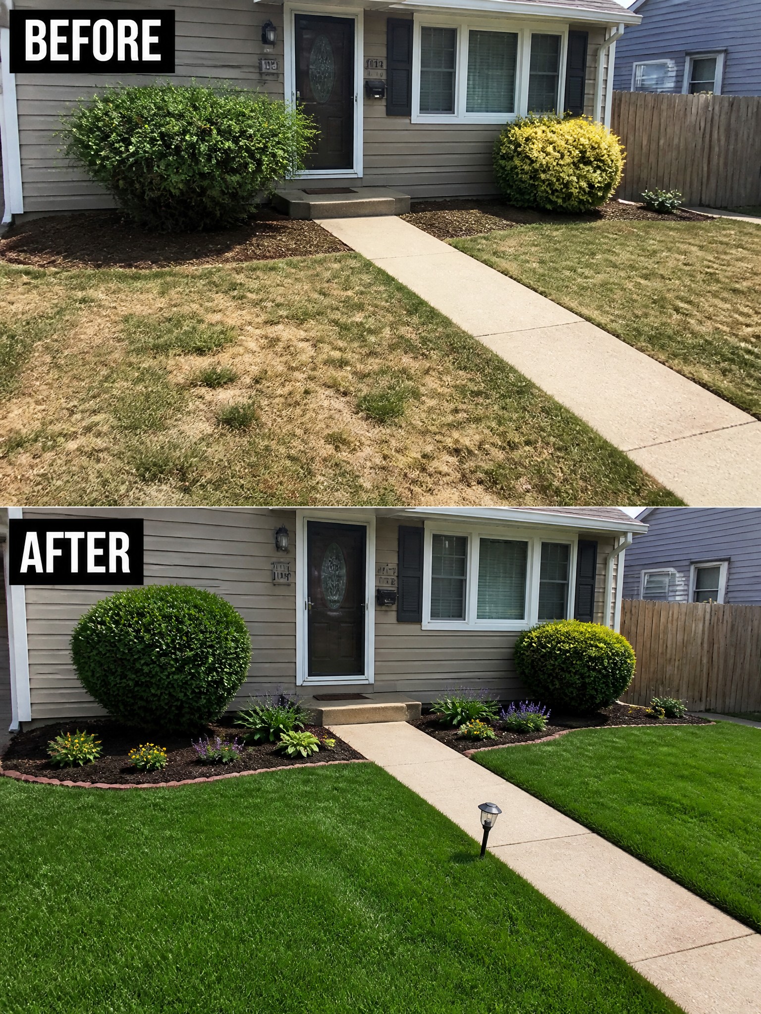 Before and after yard makeover with green lawn, trimmed bushes and flowers