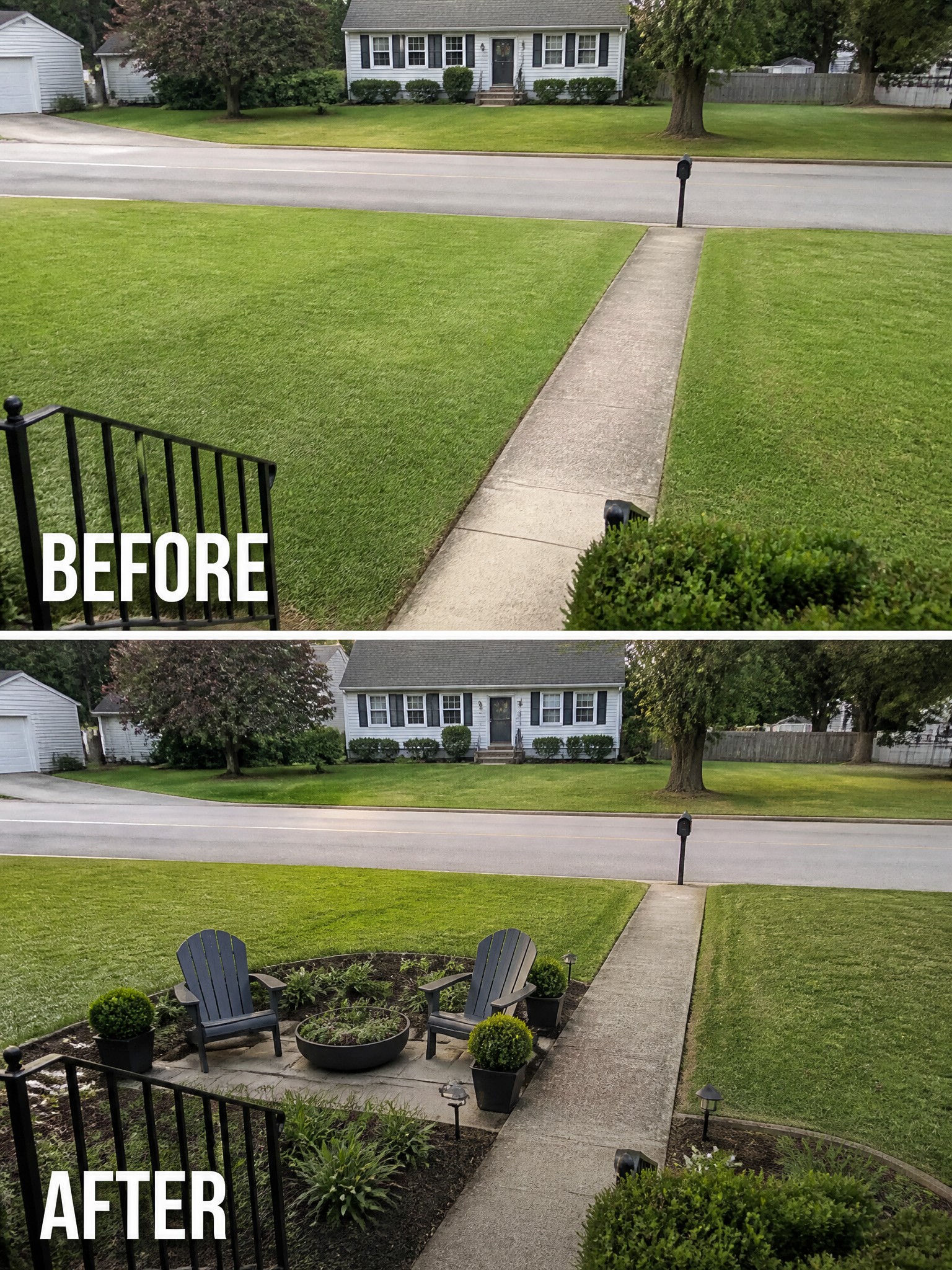Before-and-after image of a plain front lawn changed by adding garden beds, mulch, edging, and seating along the concrete path.
