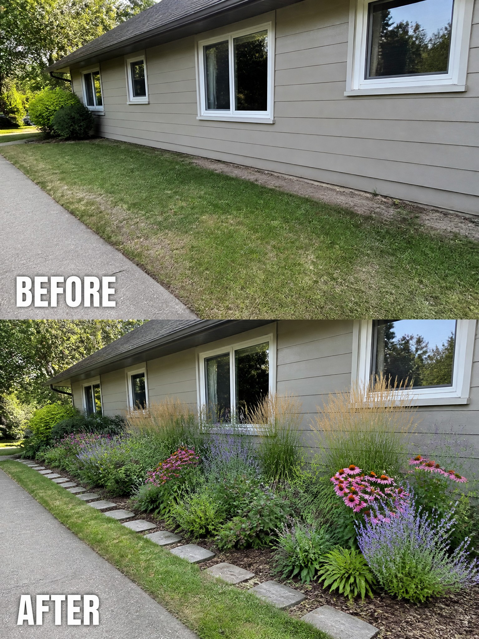 Before and after views of house exterior with lawn turned into colorful flower garden and path