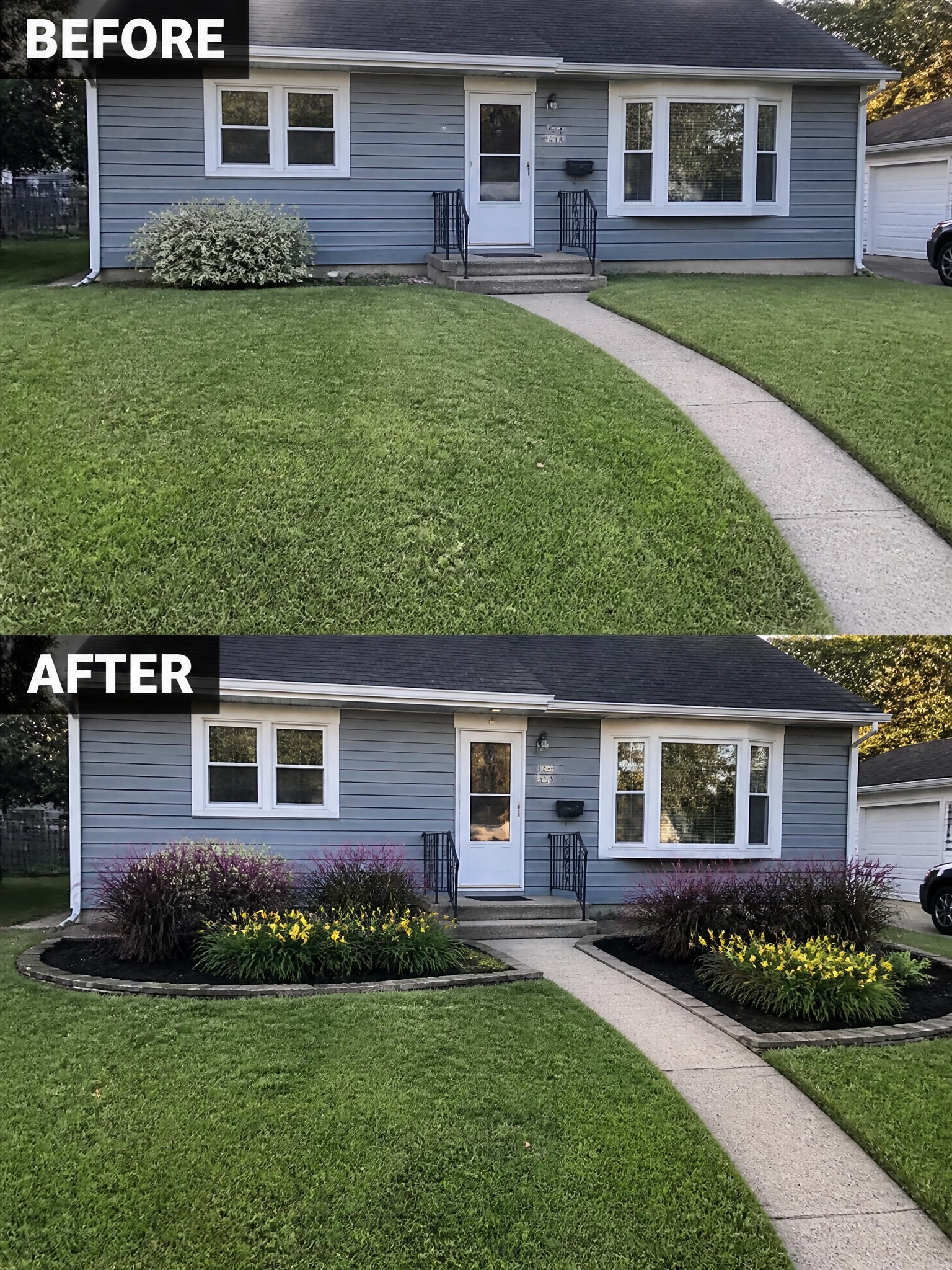 Before and after of gray house with new colorful flower beds and mulch.