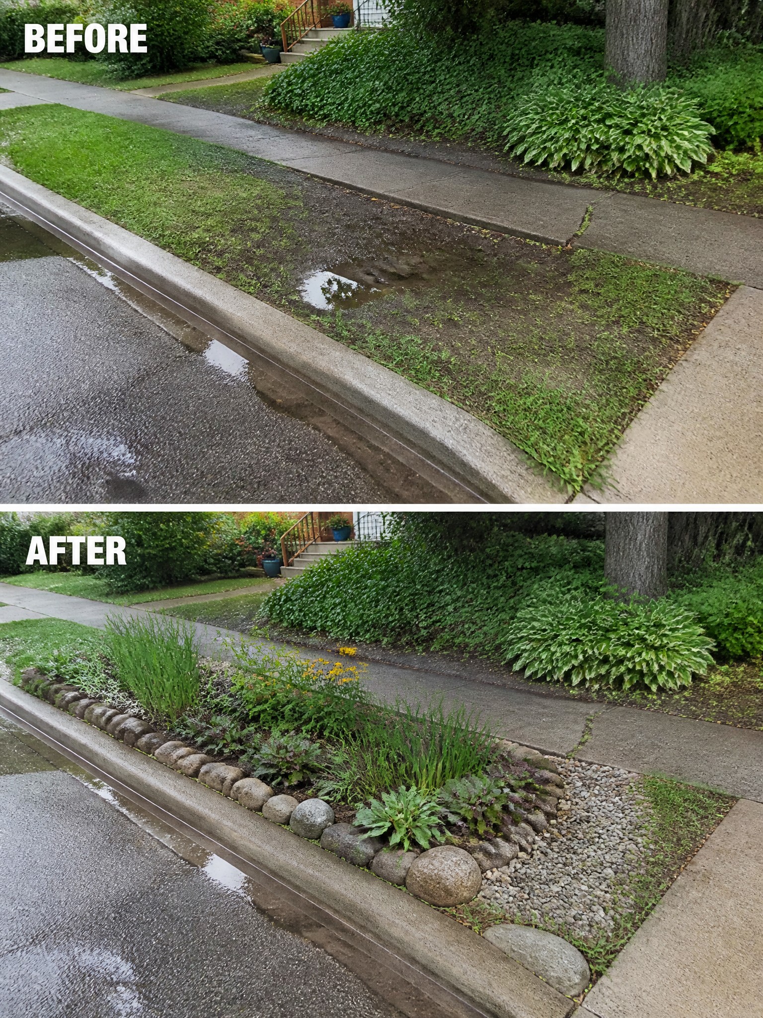Before muddy curb strip and after with rocks, plants, and flowers.