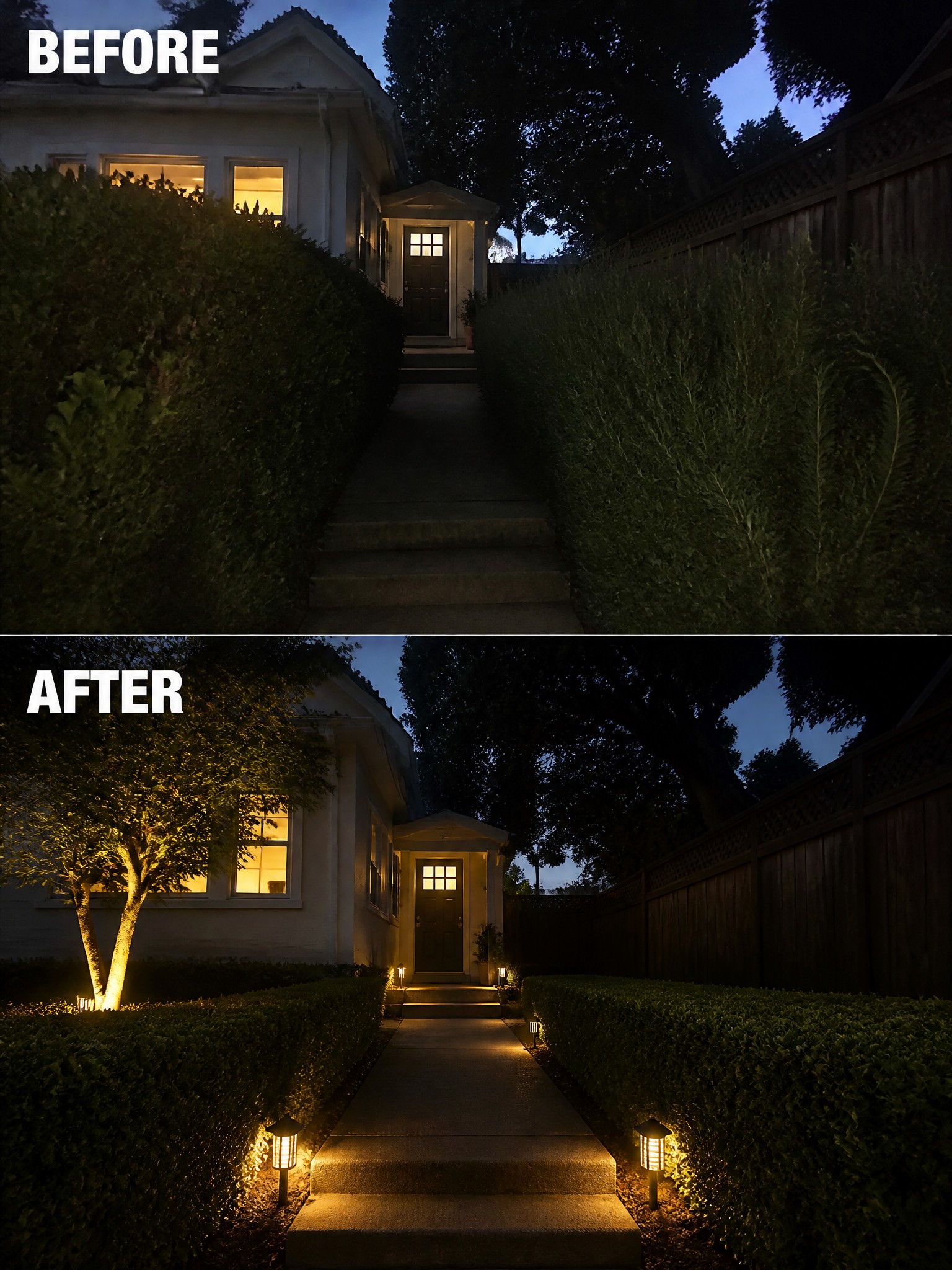 Before-and-after view of dark house path transformed by added tree and pathway lights