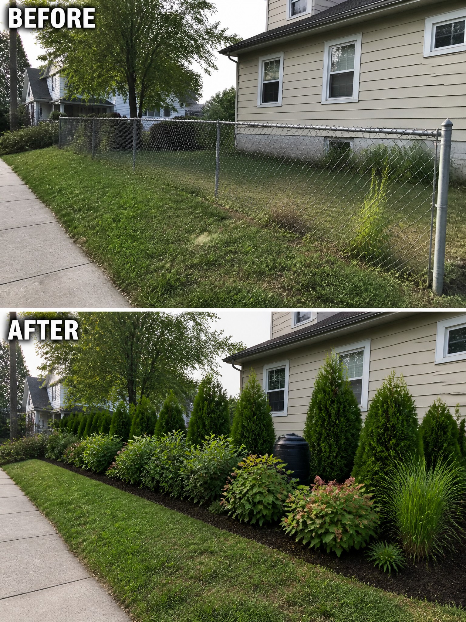 Before chain-link fence borders overgrown lawn; after features mulched shrubs, trees, and garden bed.