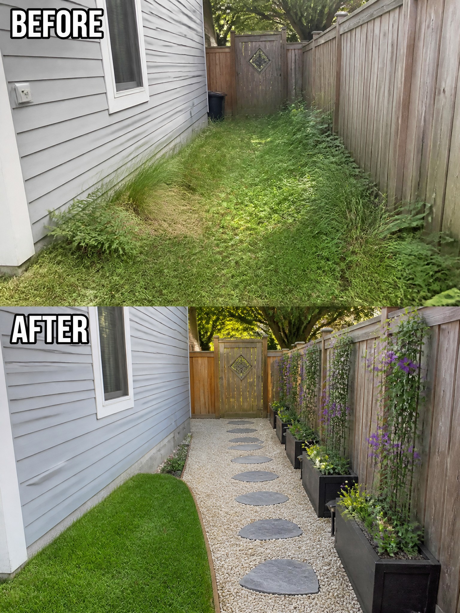 Before and after of overgrown yard transformed into gravel path with flower planters.