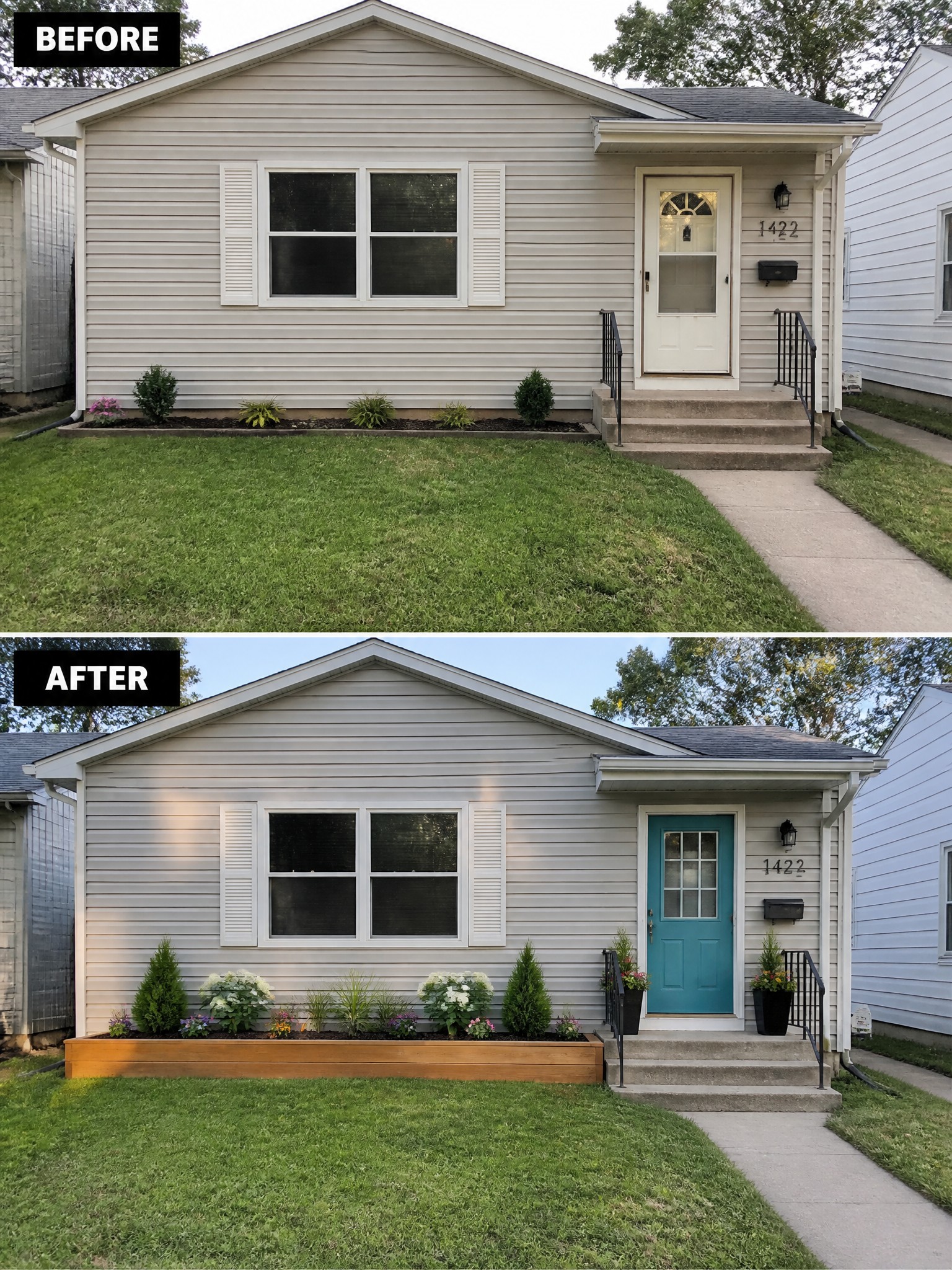 Before and after of house with new teal door and wooden garden bed landscaping