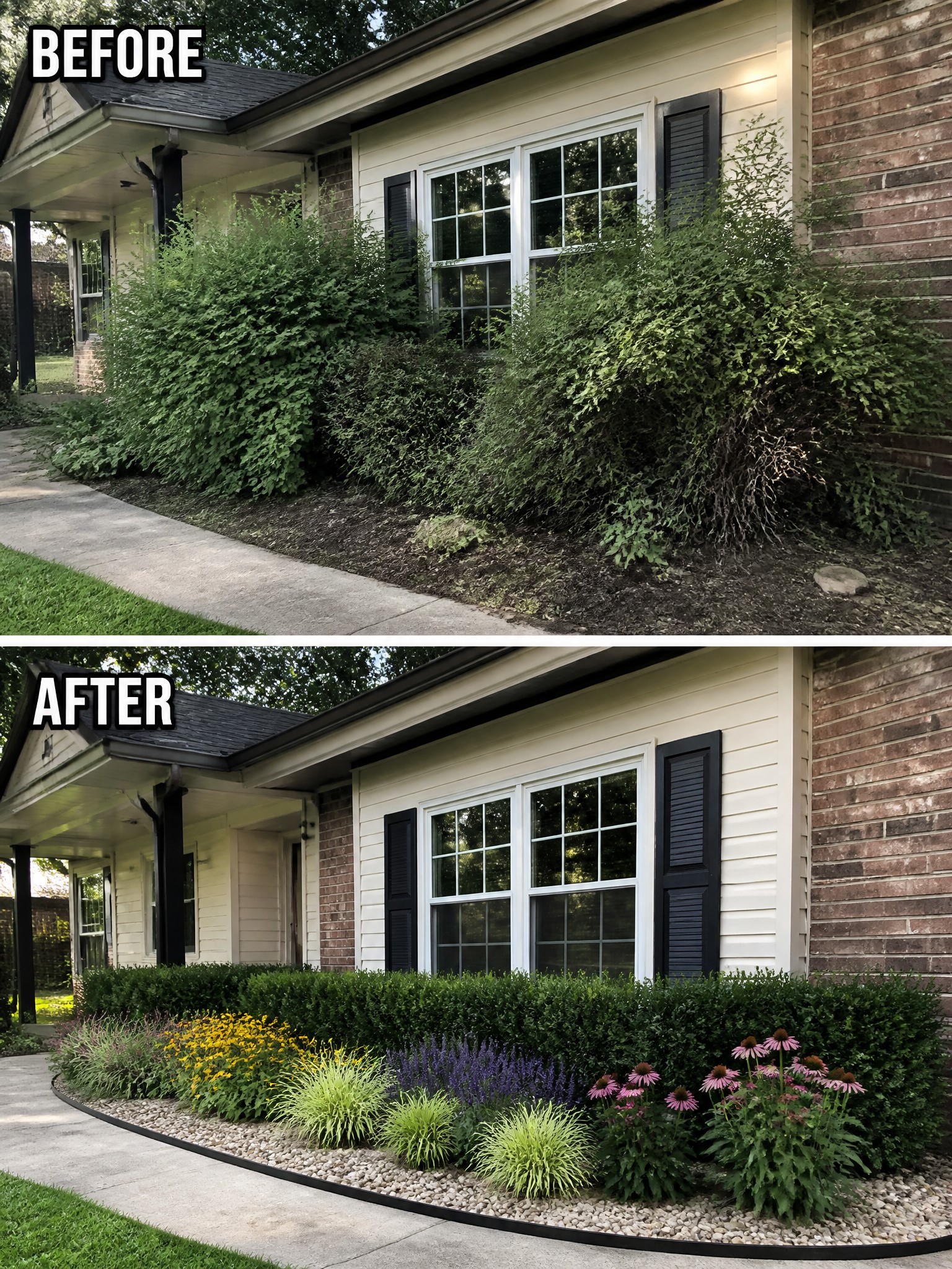 Before-and-after image of an overgrown front foundation bed replaced with a trimmed hedge, colorful perennials, and gravel edging.