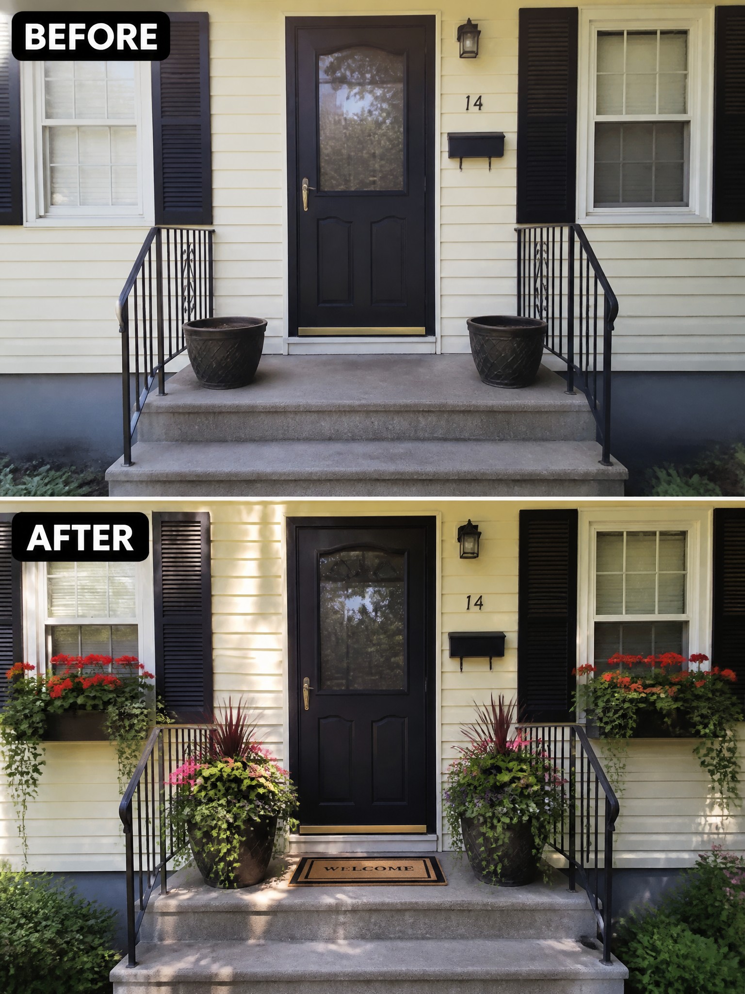 Yellow house porch before and after with added colorful flower pots and window boxes.