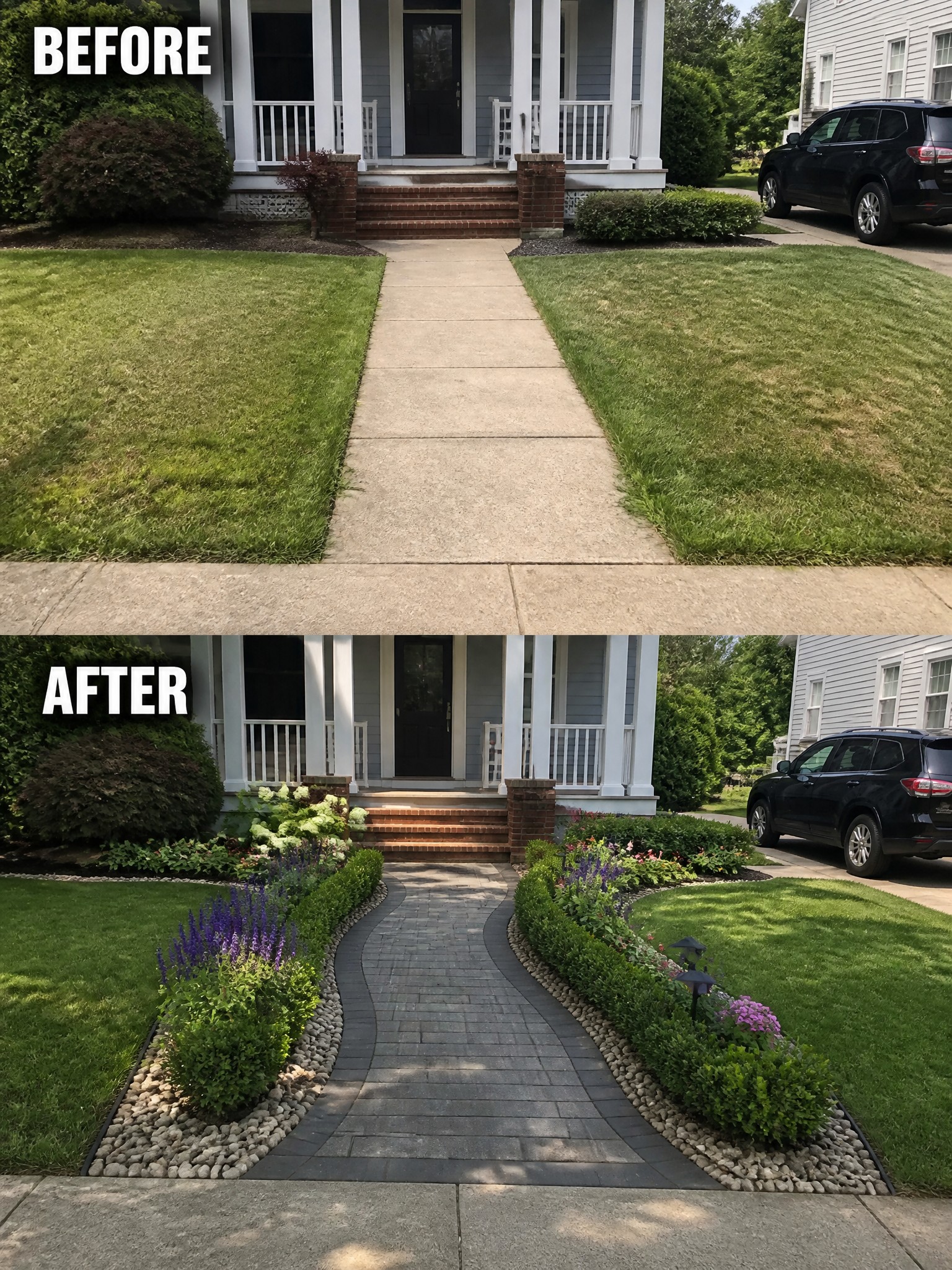 Before and after view of house walkway with new curved pavers and flower beds