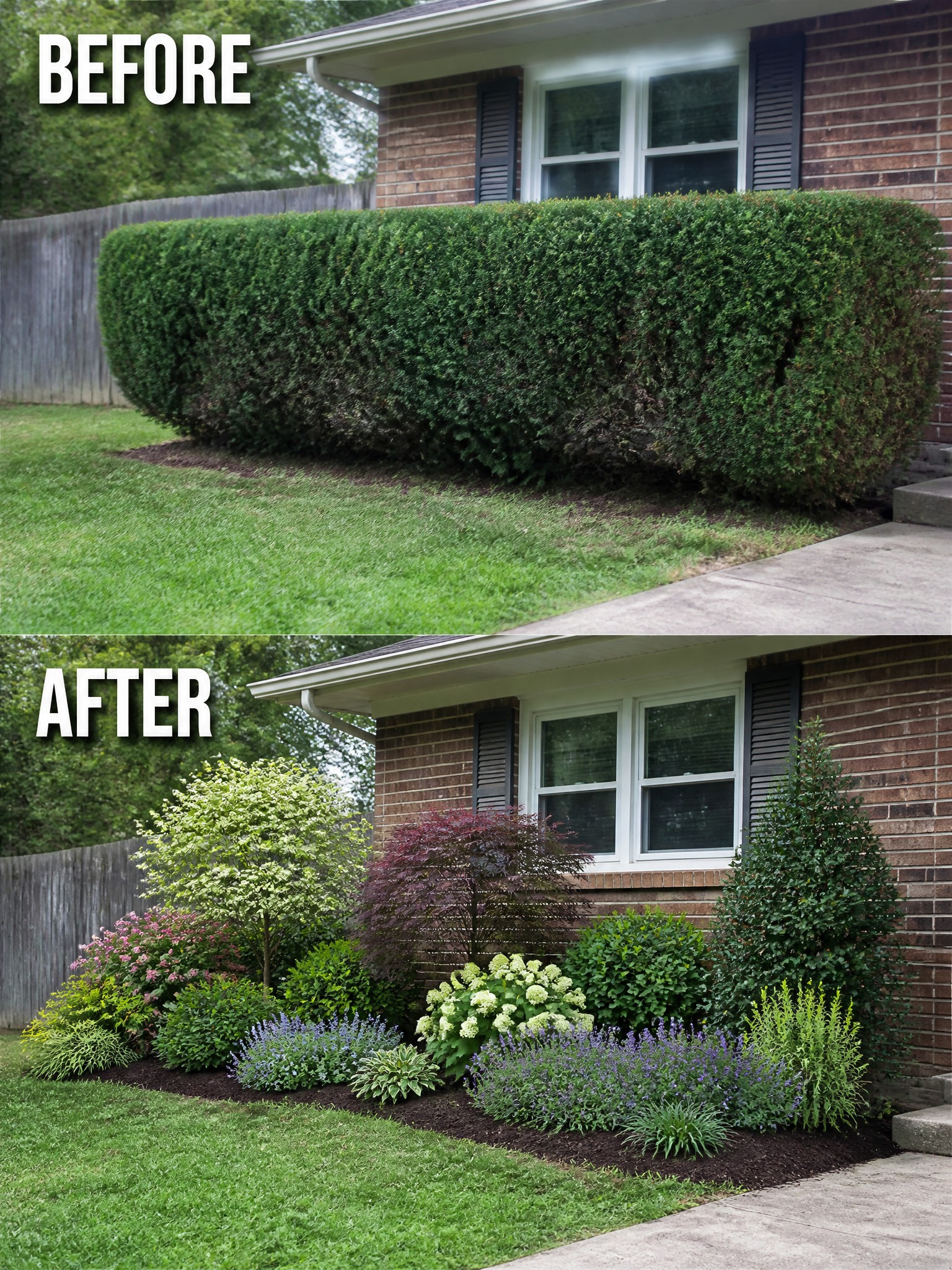 Before overgrown hedge replaced by colorful shrubs and flowers at brick house