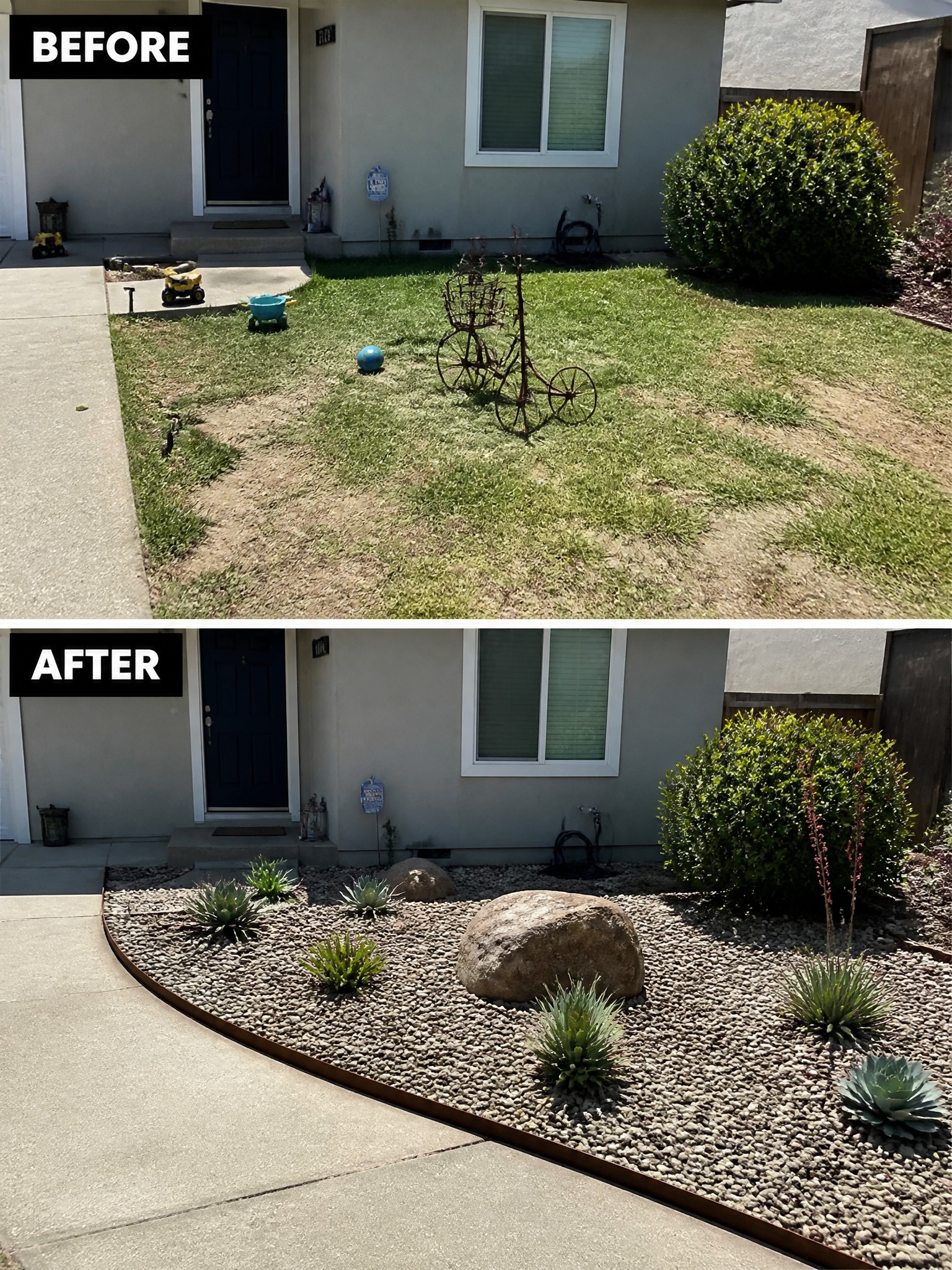 Before-and-after image of a patchy front lawn changed into a gravel bed with rocks, edging, and structured plants.