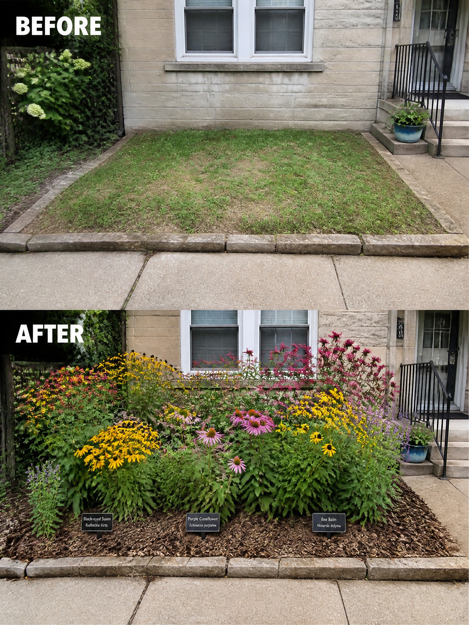 Before and after of patchy lawn transformed into colorful mulched flower garden