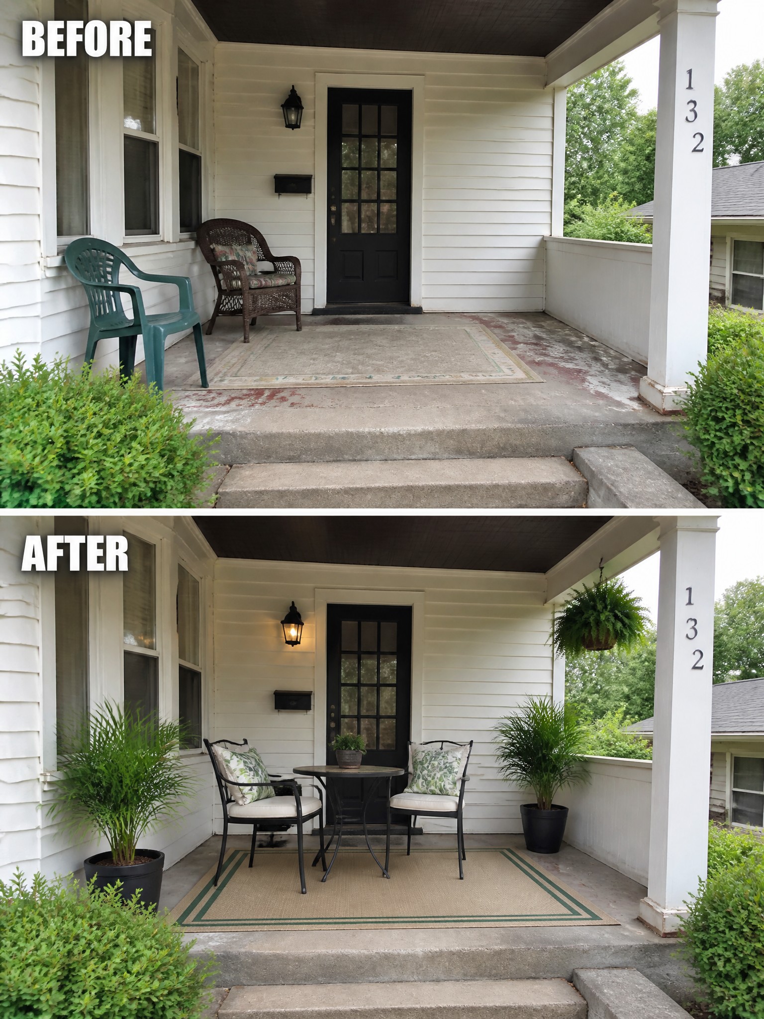Before-and-after image of a front porch changed from a stained concrete surface with mismatched chairs and a worn rug into a tidy seating area with matching chairs, a small table, and potted plants.