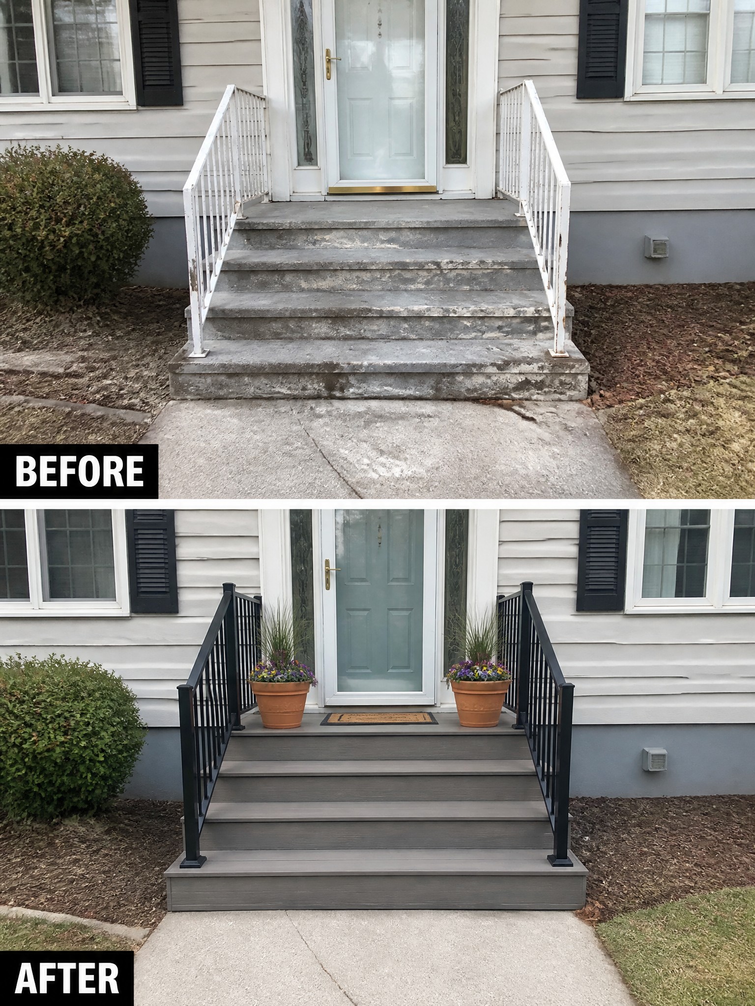 Before-and-after view of front steps renovated from concrete to gray decking with black railings and planters.