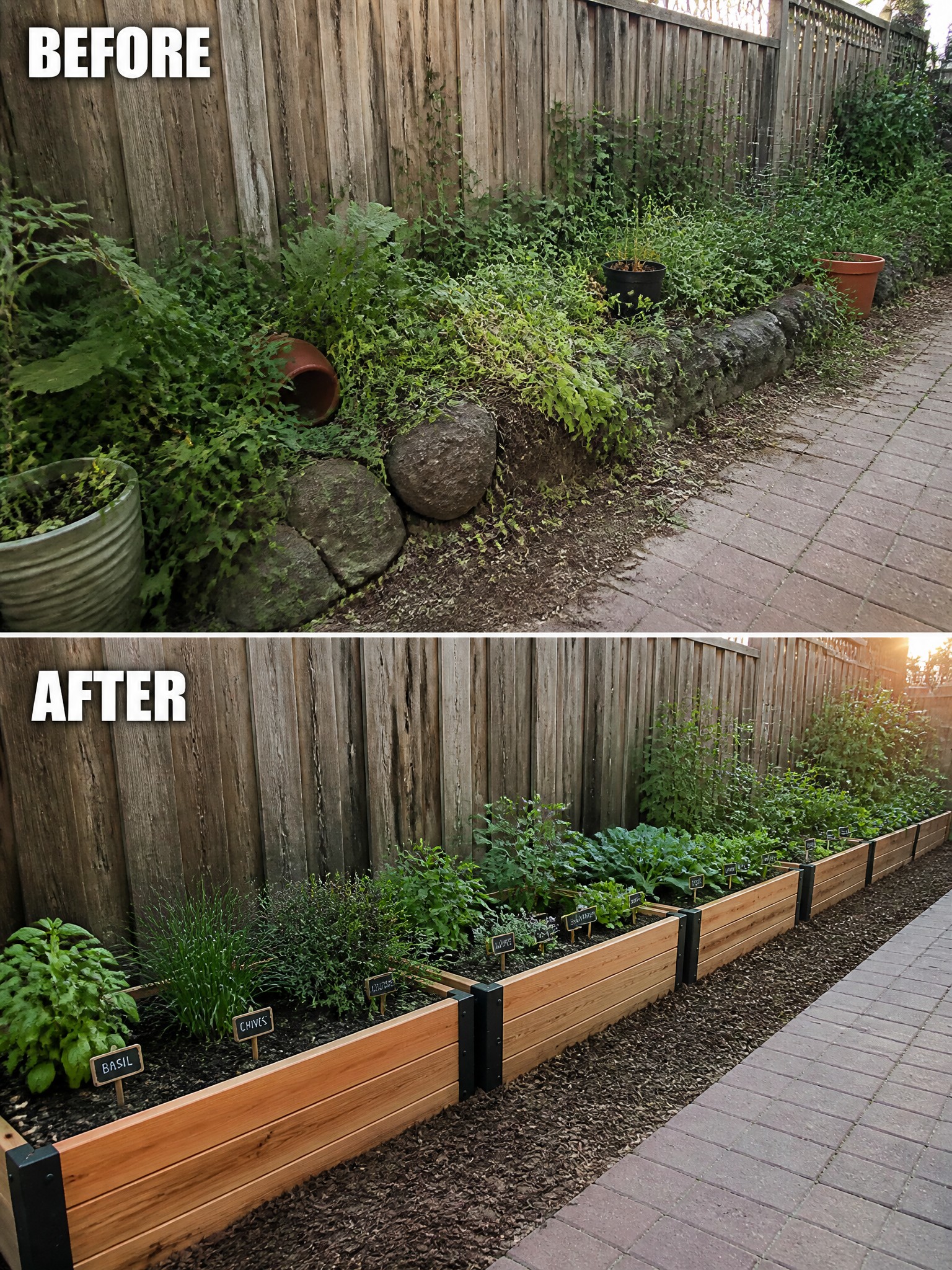 Before and after of overgrown garden transformed into neat labeled raised wooden beds