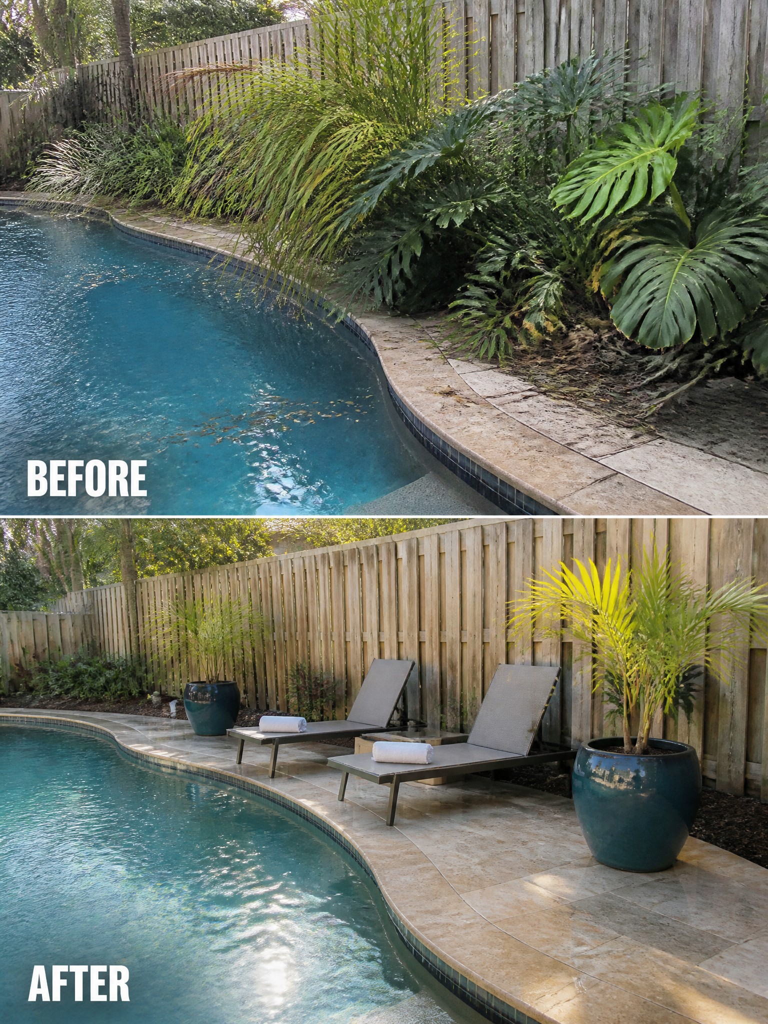 Before-and-after pool deck: overgrown plants replaced by lounge chairs and potted planters.