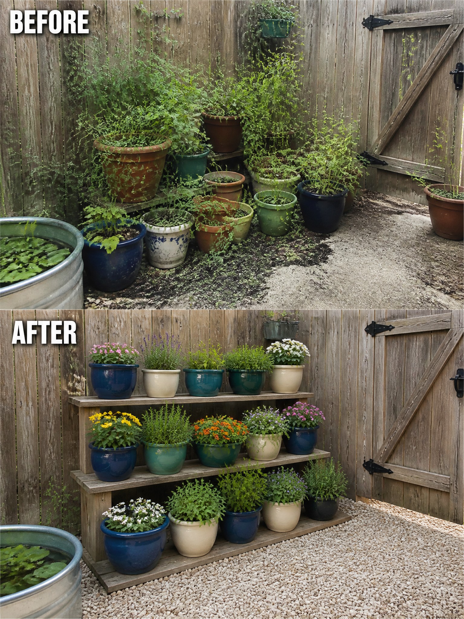Before and after of messy versus organized potted plants on wooden shelves by fence.