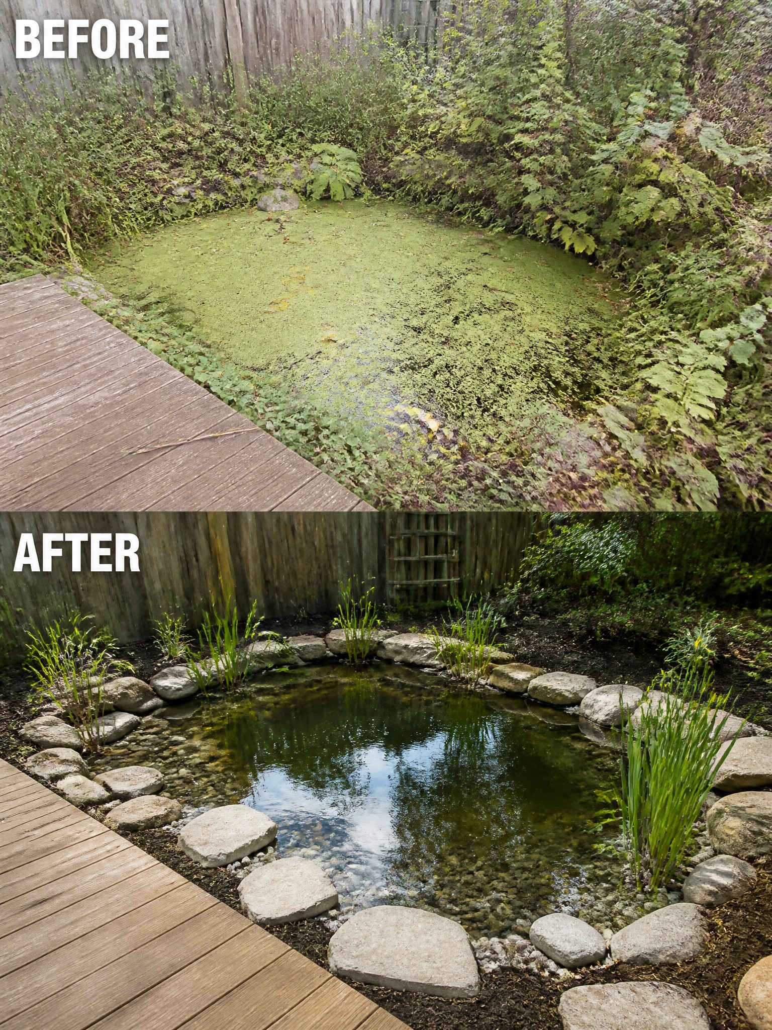 Before-and-after image of an algae-covered backyard pond changed into a clear pond with stone edging, gravel, and arranged plants.