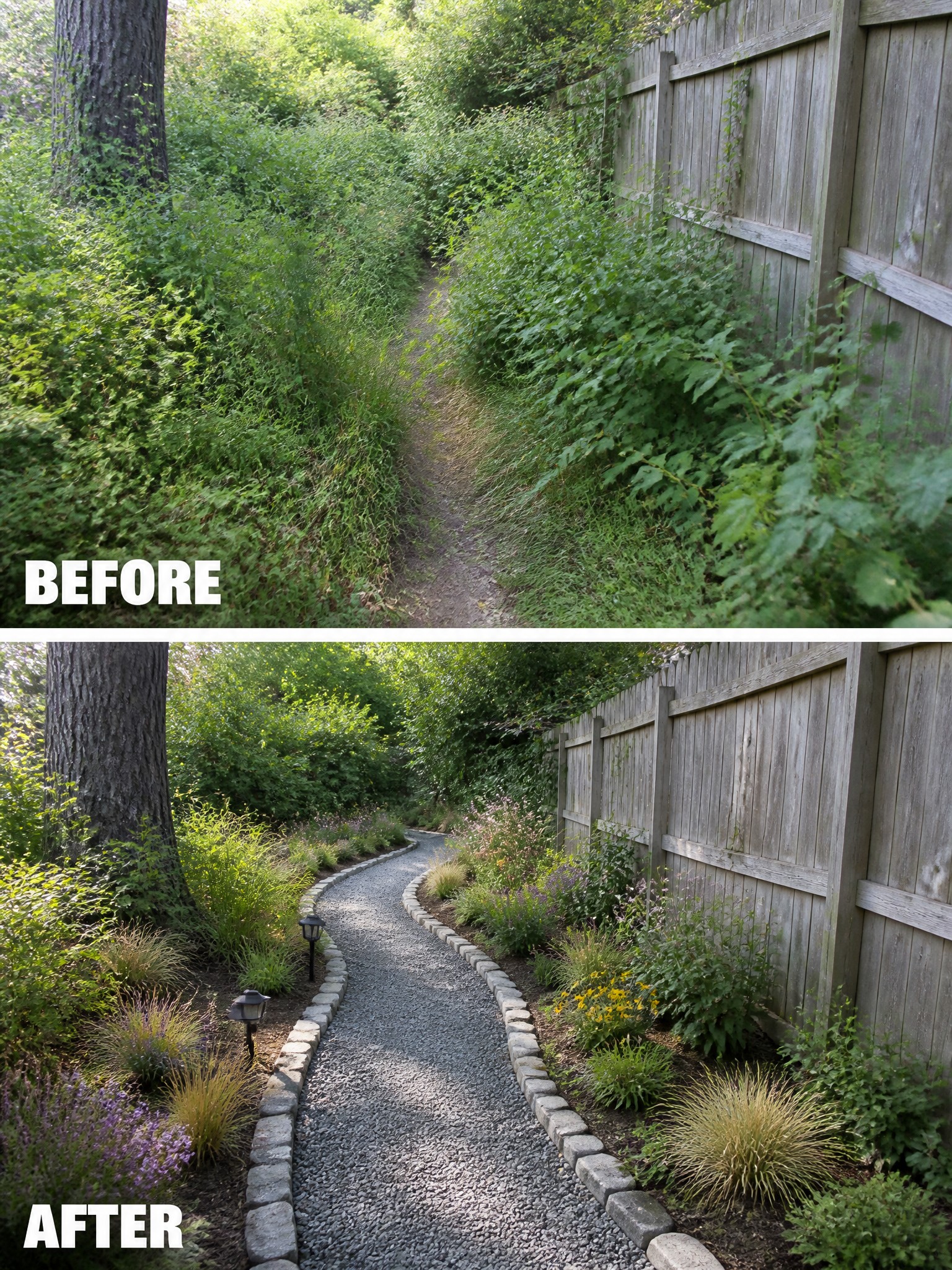 Before-and-after views of overgrown path transformed into landscaped gravel walkway with plants and lights.