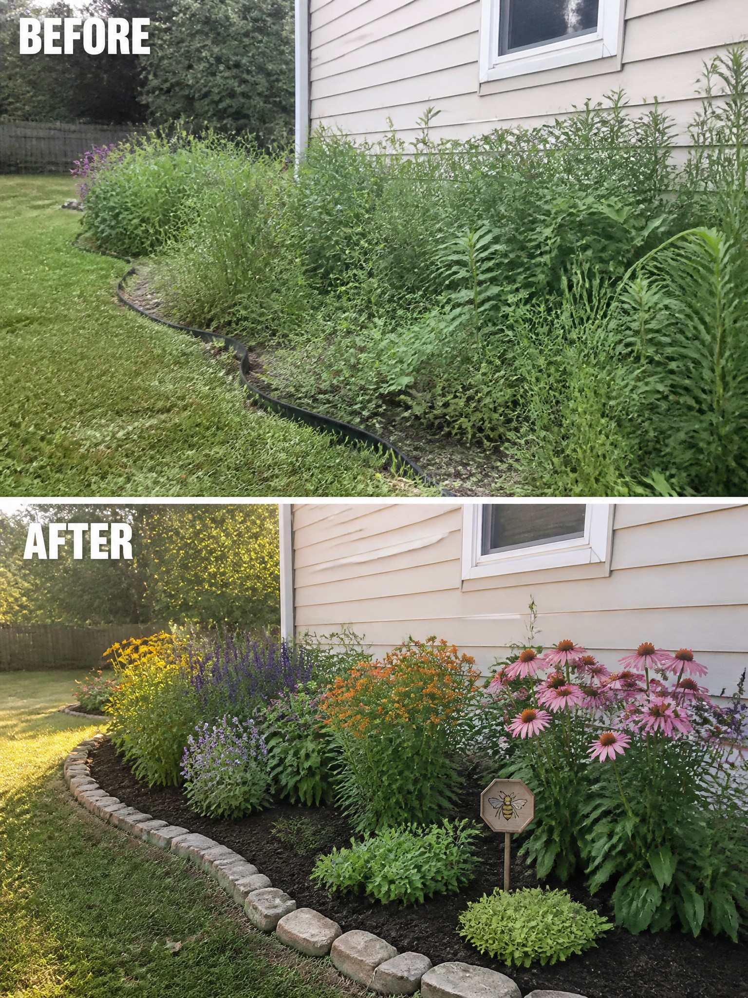 Before-and-after image of an overgrown garden bed along a house changed into a neat flower border with stone edging and arranged perennials.