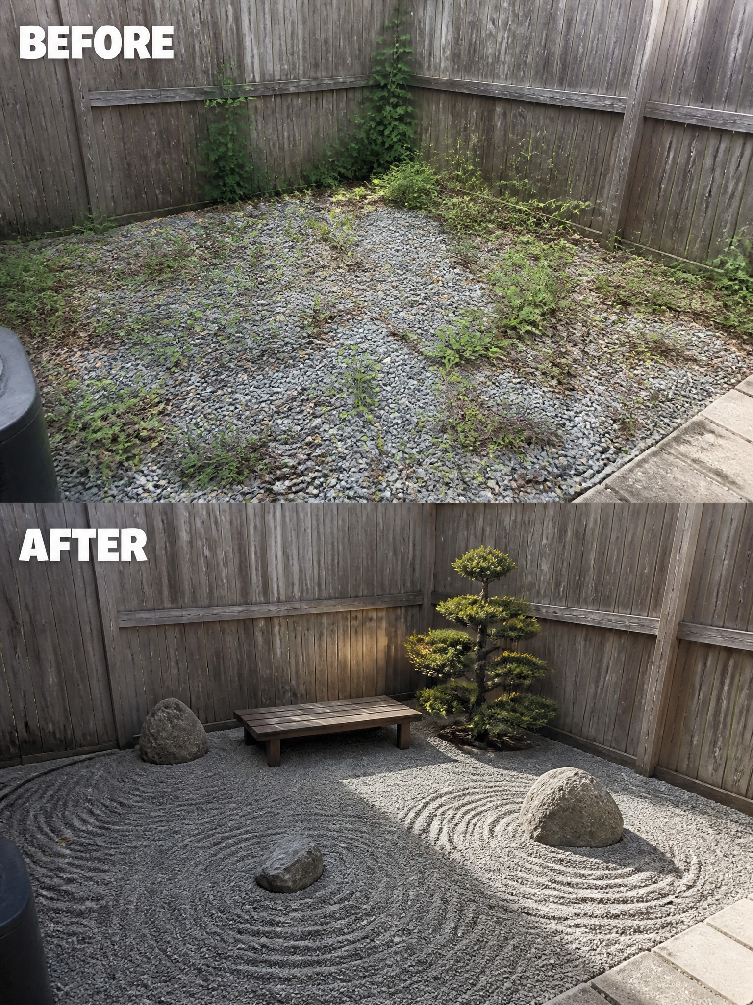 Before and after of gravel yard transformed into raked zen garden with rocks and bench