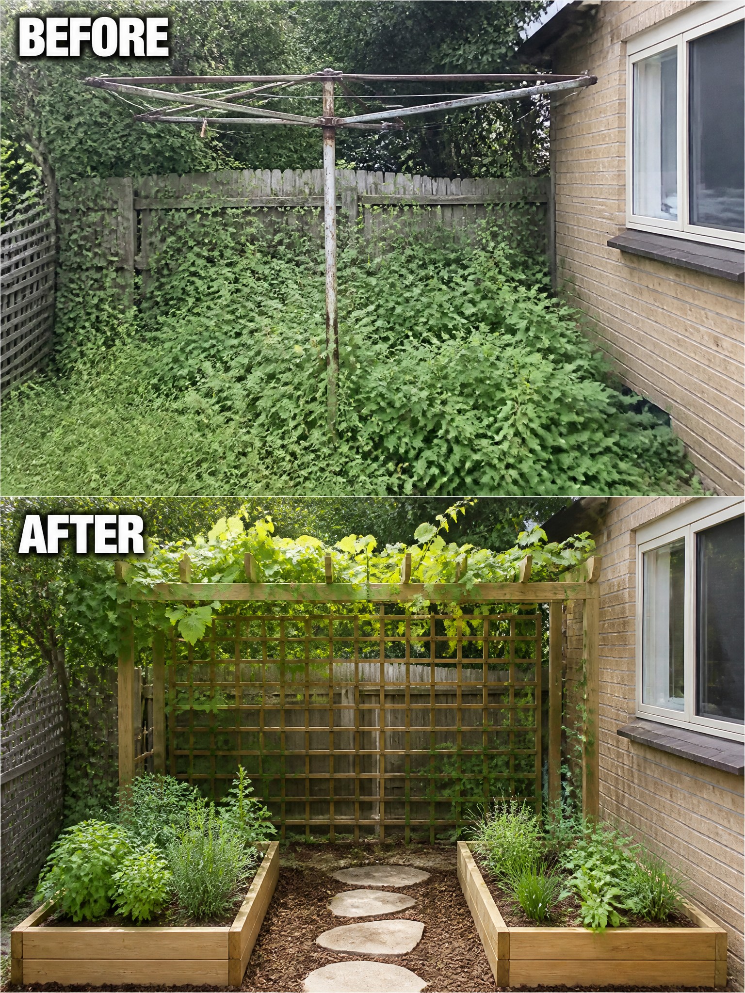 Before and after backyard garden transformation with pergola, raised beds, and stepping stones