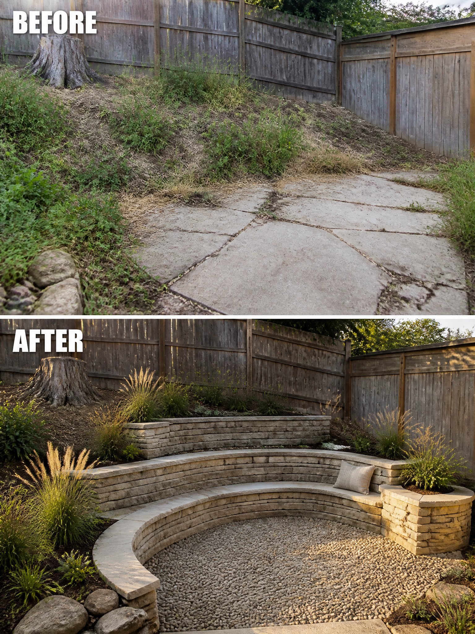 Before and after backyard makeover from cracked patio and weeds to curved stone seating with gravel.