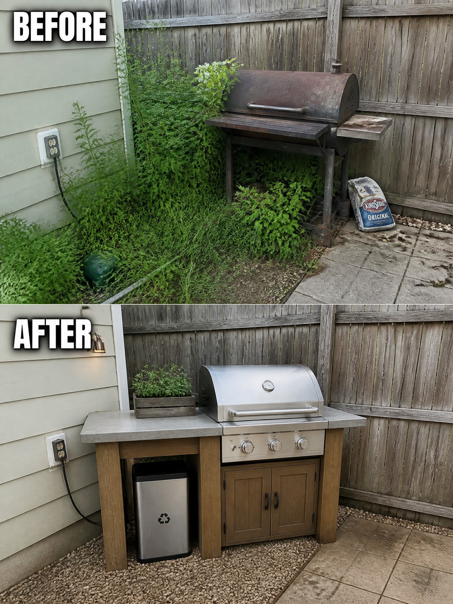 Before and after of backyard grill: rusty old unit versus modern stainless steel outdoor kitchen.