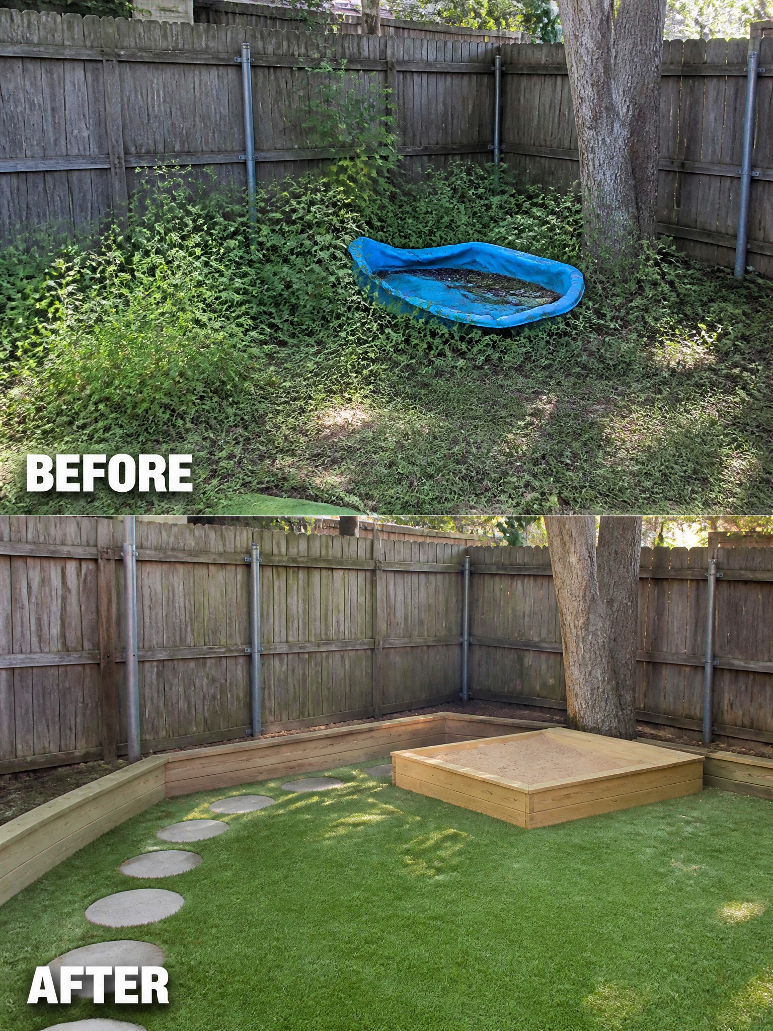 Before-and-after image of an overgrown backyard changed into a clean lawn with a wooden sandbox and stepping stone path.