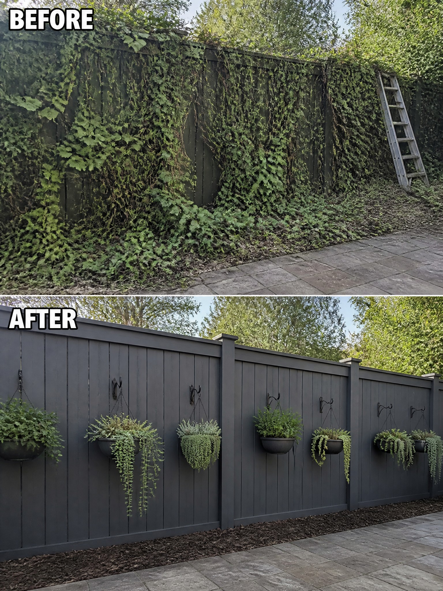 Before and after of ivy-covered fence transformed into dark panels with hanging planters.