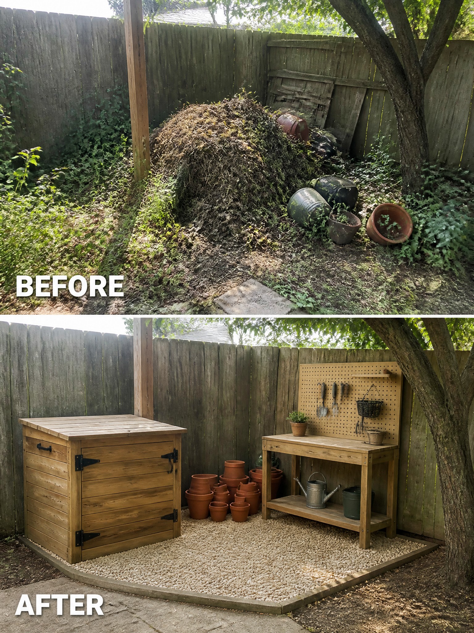 Before messy backyard pile transformed into organized garden shed and potting workbench.