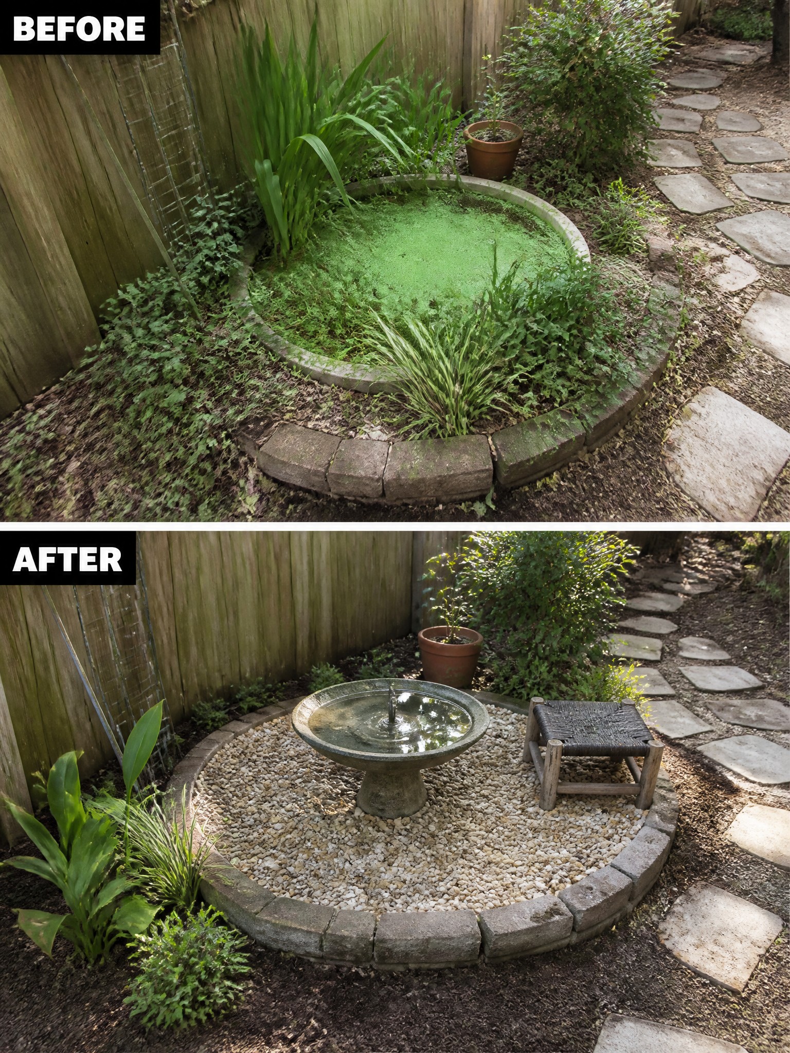 Before and after of algae-covered pond transformed into gravel-surrounded stone fountain.