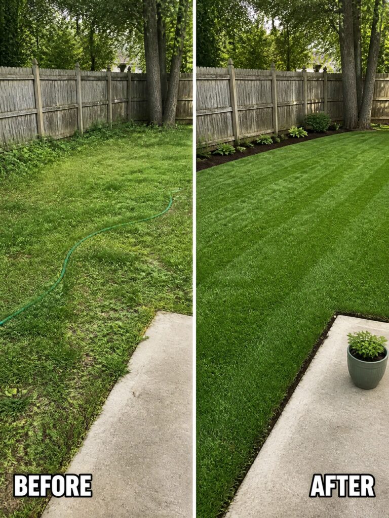 Before and after backyard: overgrown weeds to striped lawn with planted mulch beds
