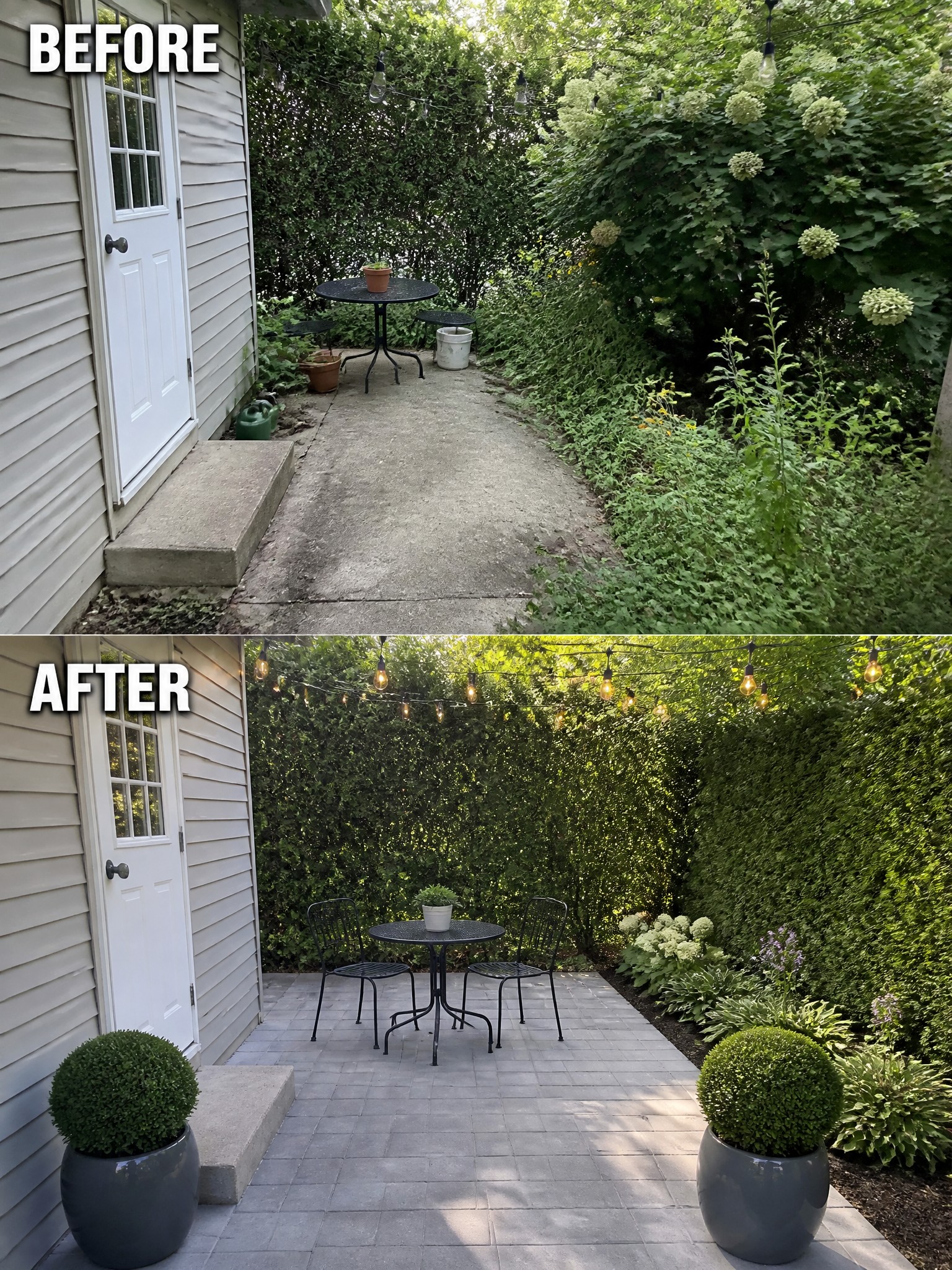 Before-and-after image of an overgrown concrete patio changed into a clean paved seating area with a table, chairs, and string lights.