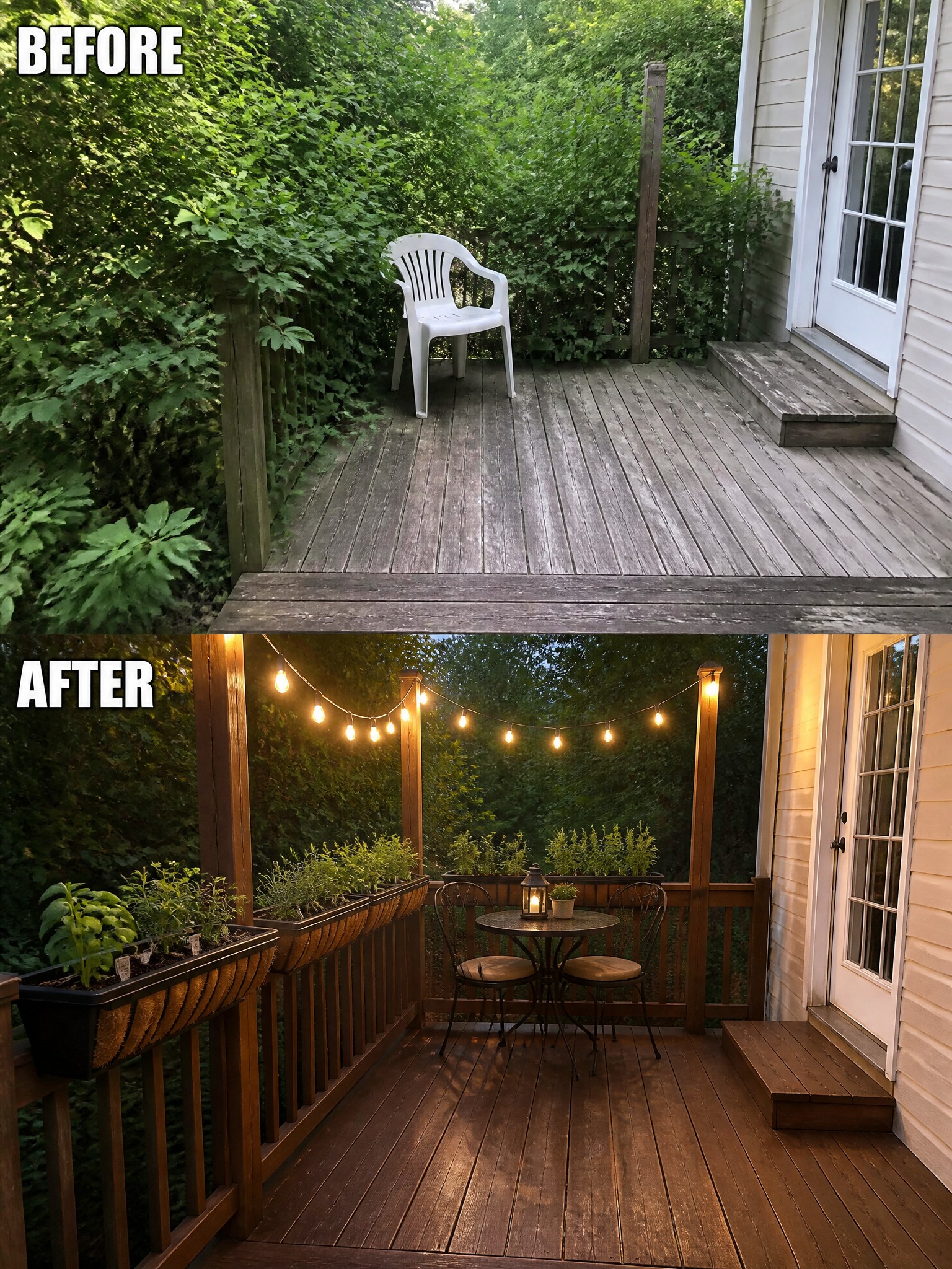 Before-and-after deck renovation: weathered gray wood with white chair, then dark-stained with lights and seating.