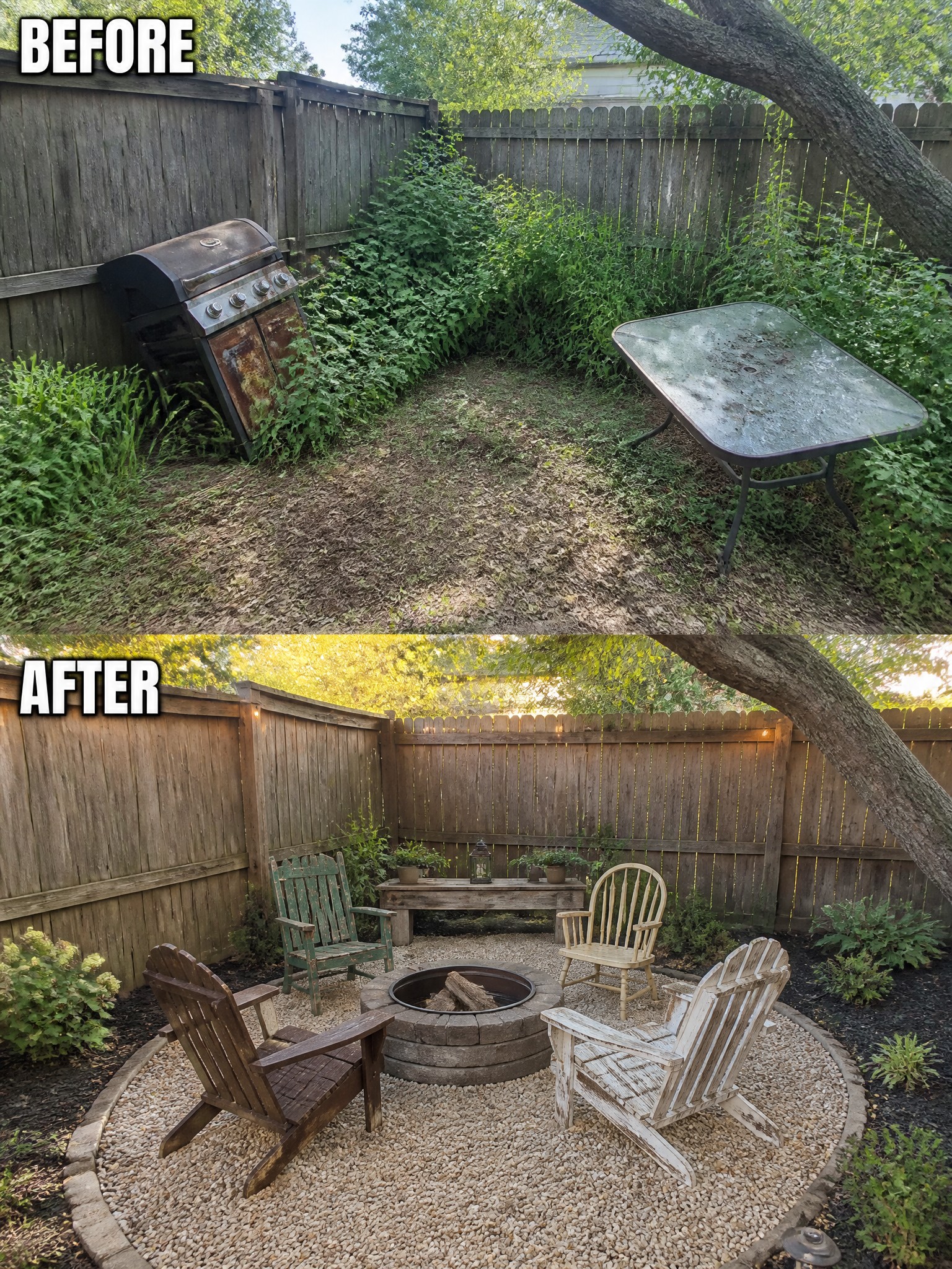 Before and after backyard transformed from overgrown weeds to fire pit with chairs.