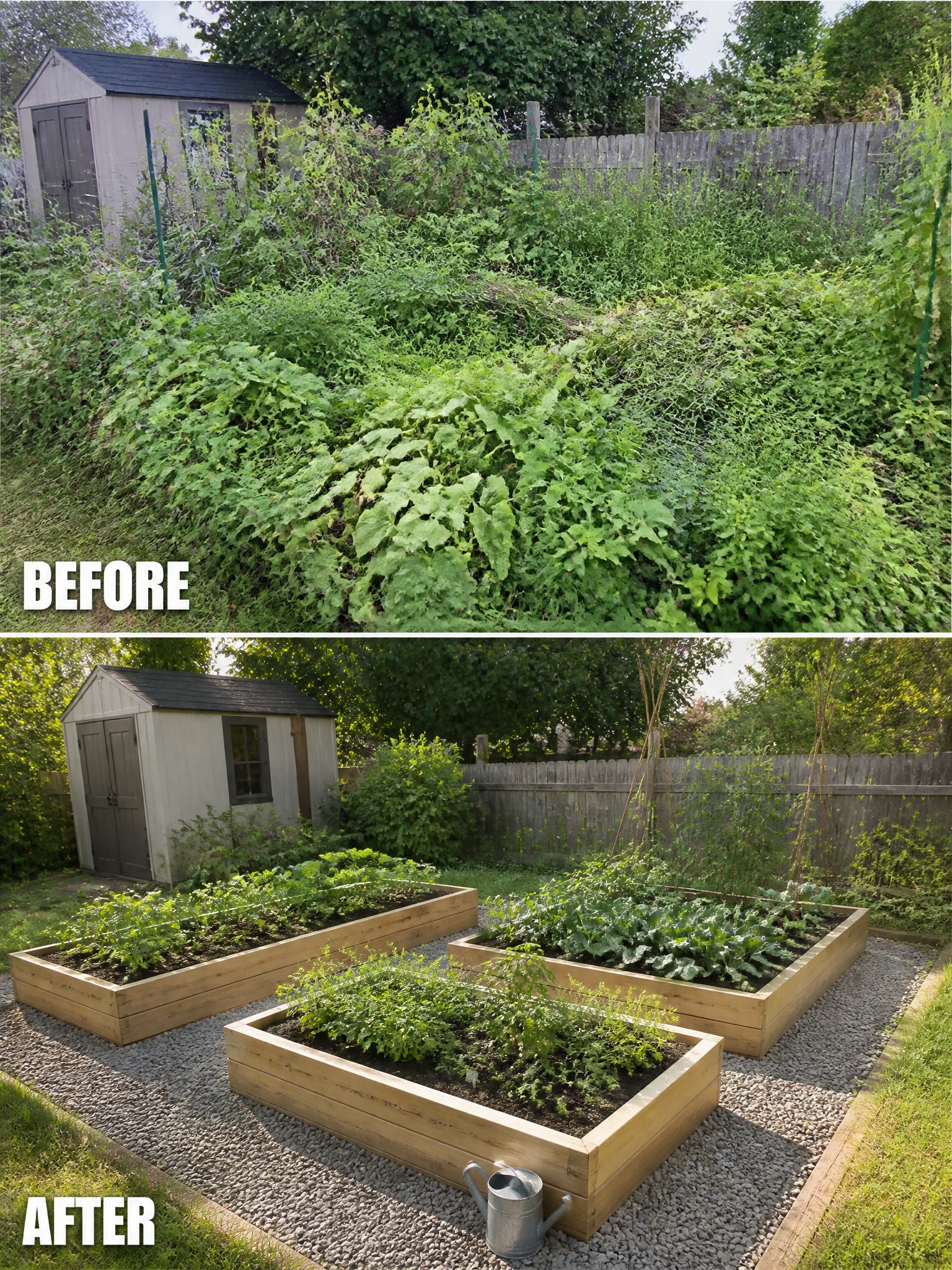 Before and after of overgrown backyard garden transformed into neat raised wooden beds with gravel.