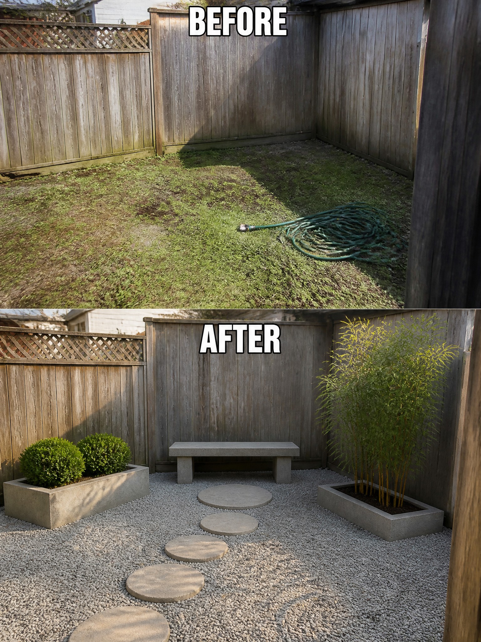 Before-and-after image of an overgrown backyard changed into a clean gravel area with concrete planters, stepping stones, and a bench.