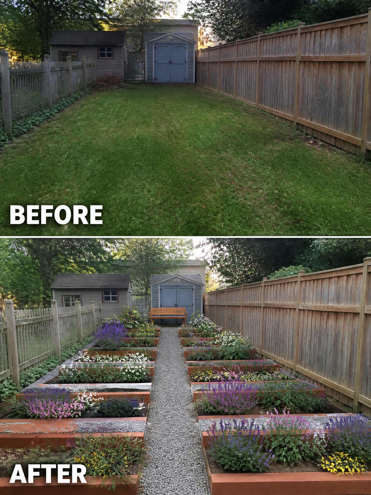 Backyard before grassy lawn, after with colorful raised flower beds and gravel path.