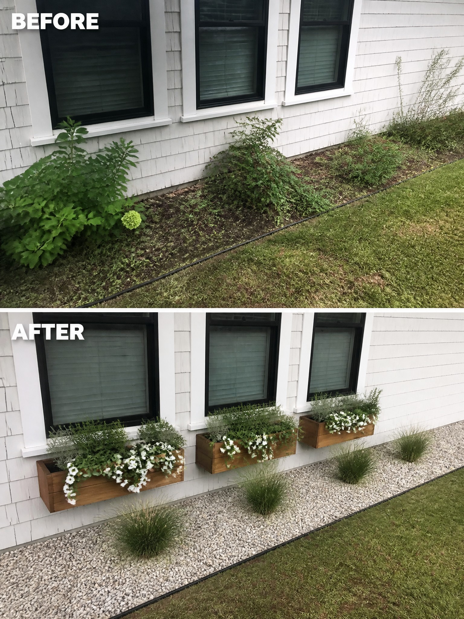 Before-and-after image of an overgrown foundation bed changed into a clean gravel strip with wooden planters and small grasses.