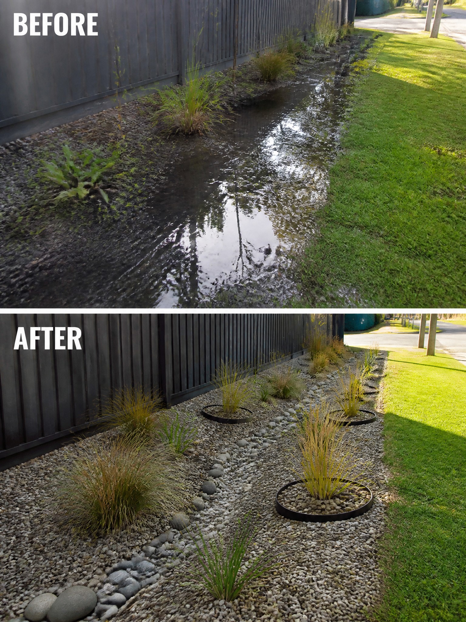Before and after of muddy ditch transformed into gravel garden with plants.