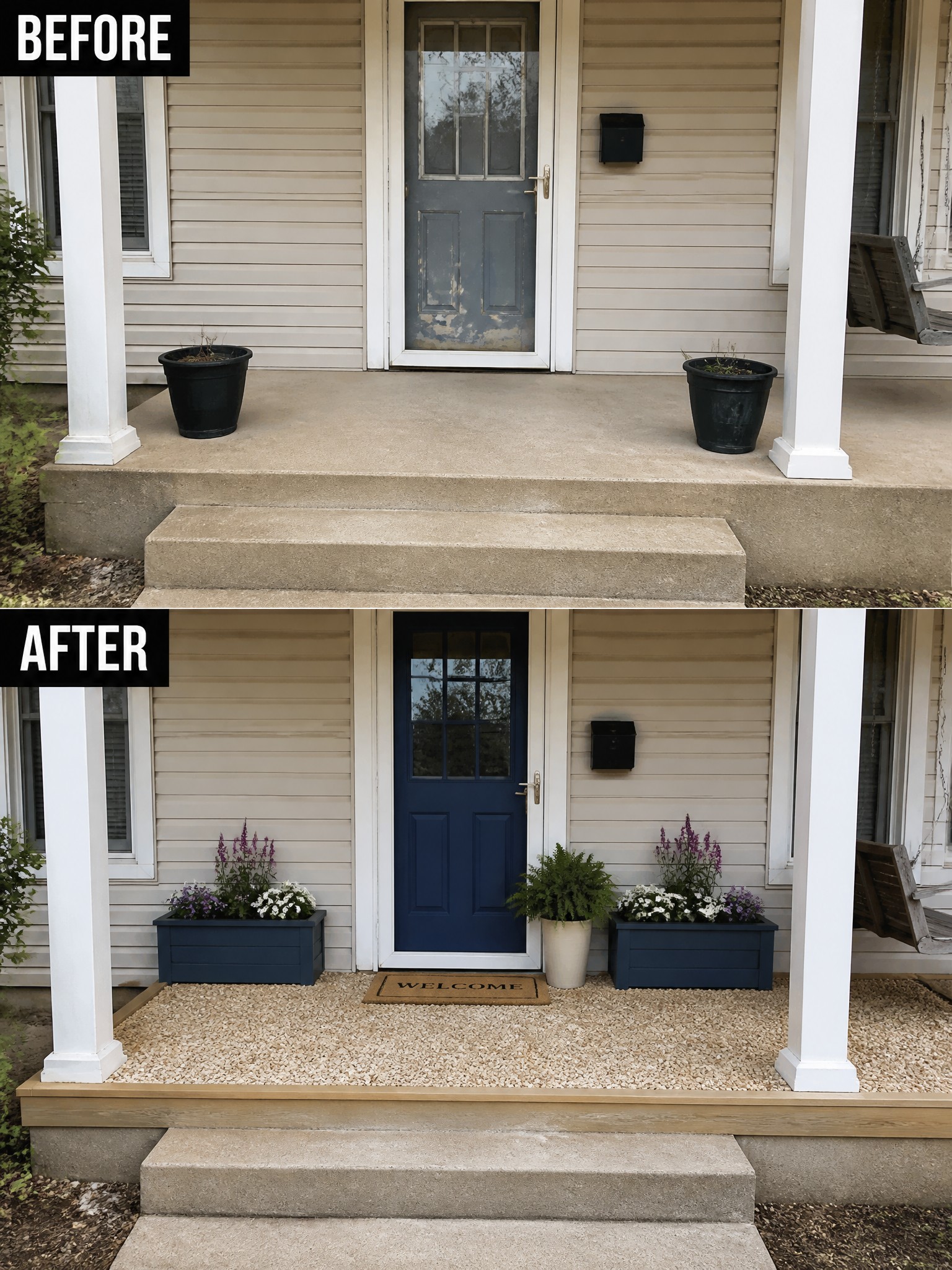Before-and-after image of a front porch entry changed from bare concrete with two black pots to a gravel surface with blue planters and a welcome mat.