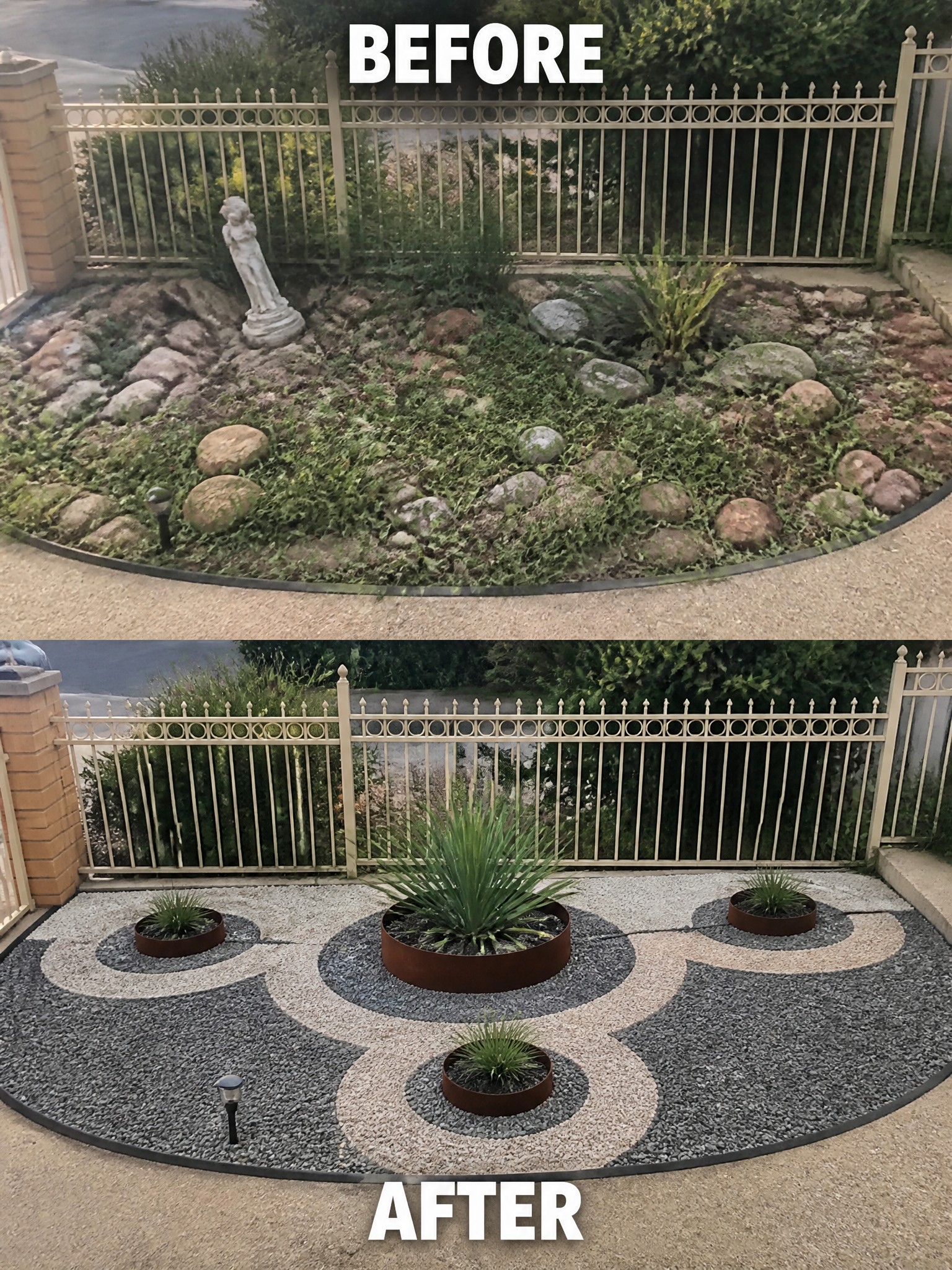 Before-and-after image of an overgrown garden bed changed into a structured gravel landscape with circular metal planters.