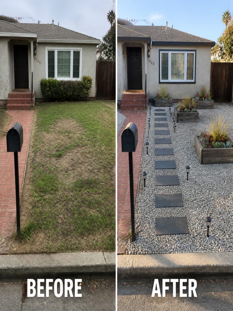 25 Creative Budget Garden Transformation Ideas Using Gravel and Planters Before and after suburban front yard transformed with gravel, planters, and stepping stones.