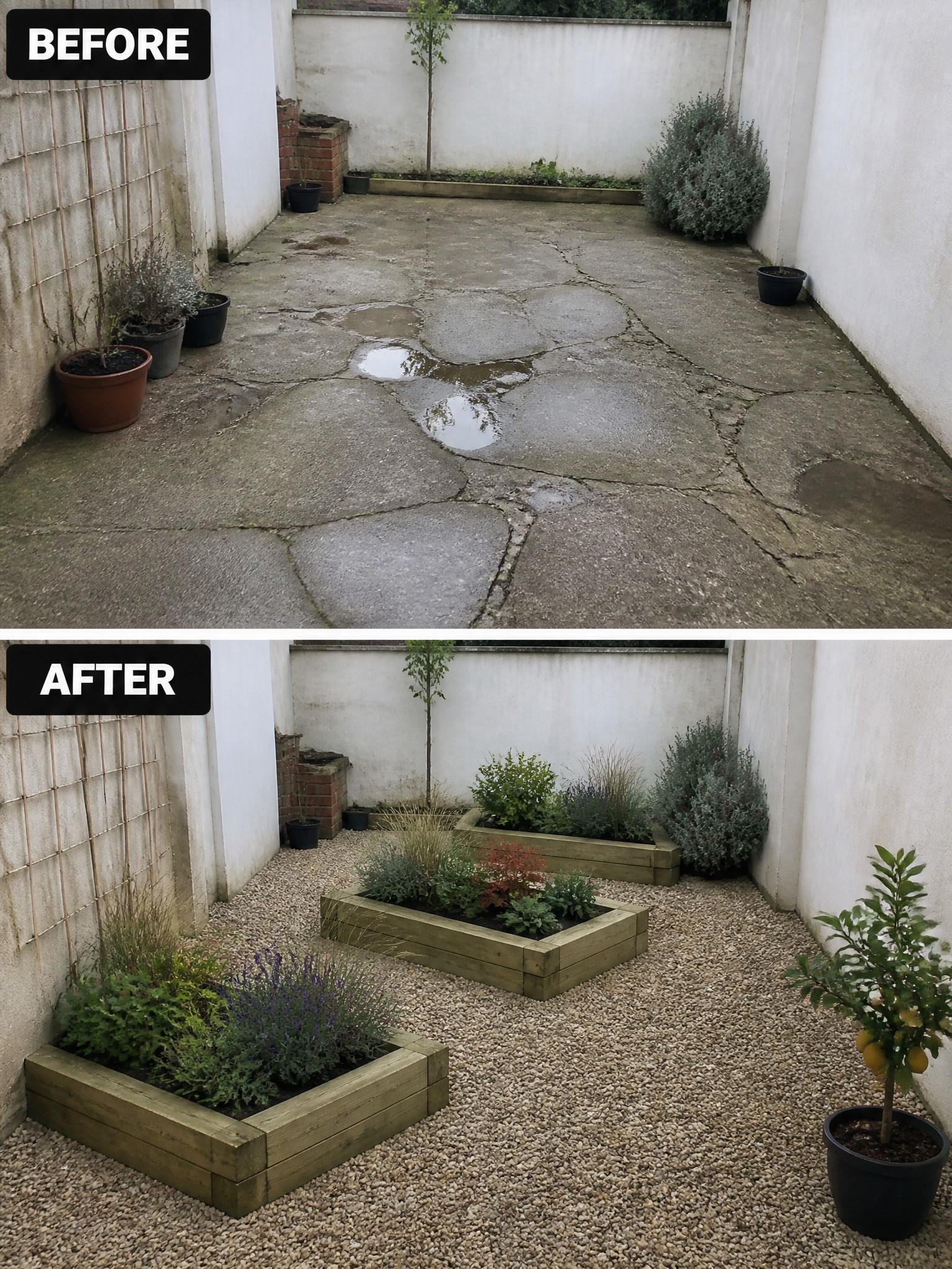 Before-and-after image of a cracked concrete courtyard changed into a gravel garden with wooden raised planters.